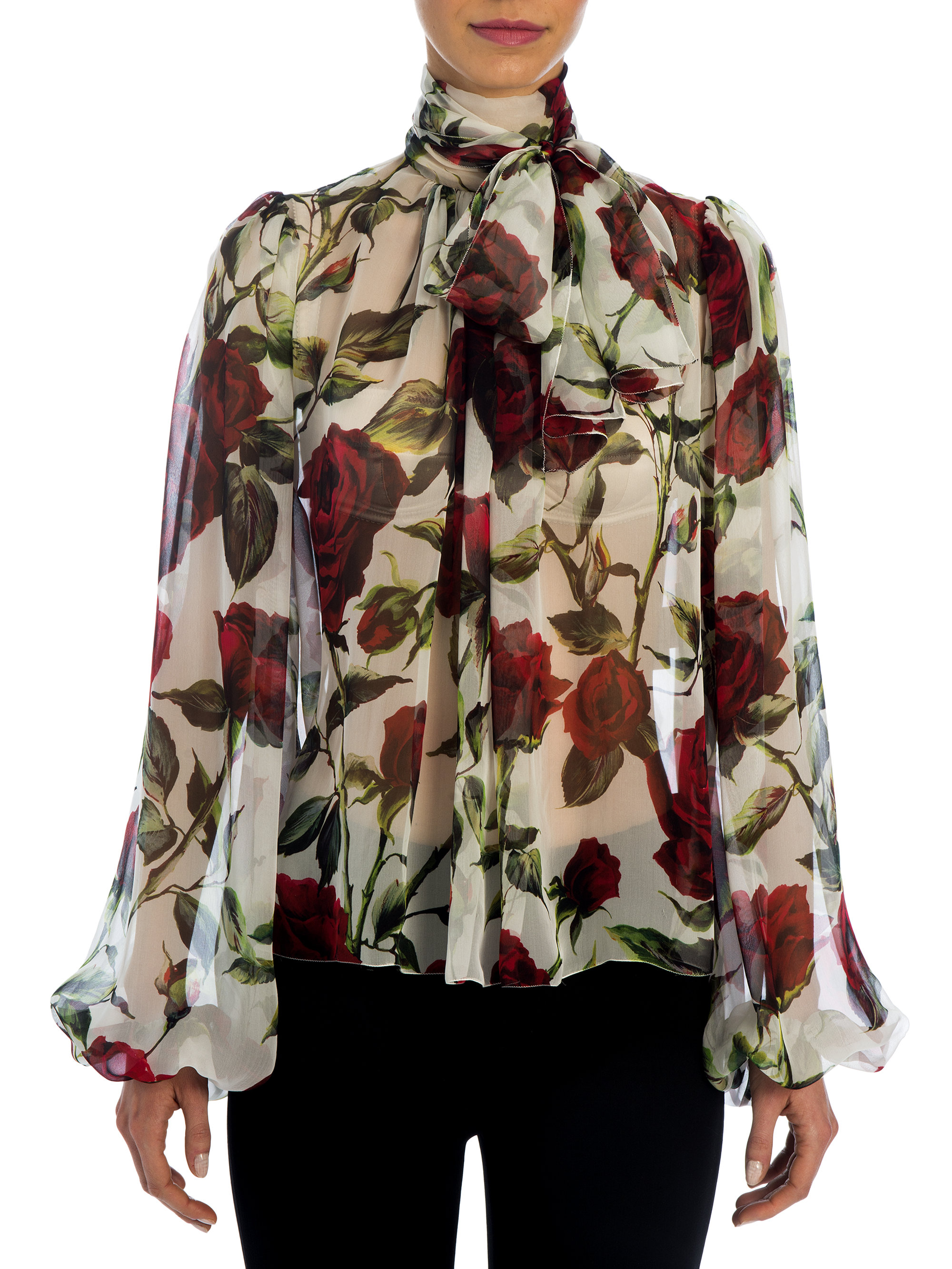 Lyst Dolce And Gabbana Rose Silk Chiffon Tie Neck Blouse In Red 6455