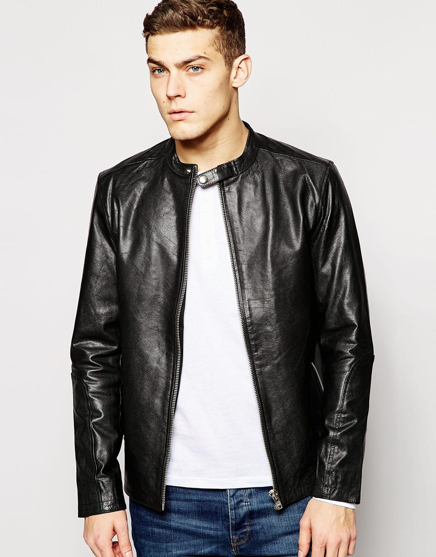 Lyst - Jack & Jones Leather Jacket With Collar Detail in Black for Men