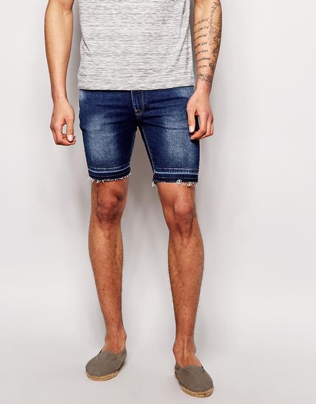Asos Denim Shorts In Extreme Super Skinny Fit With Raw Hem In Blue For