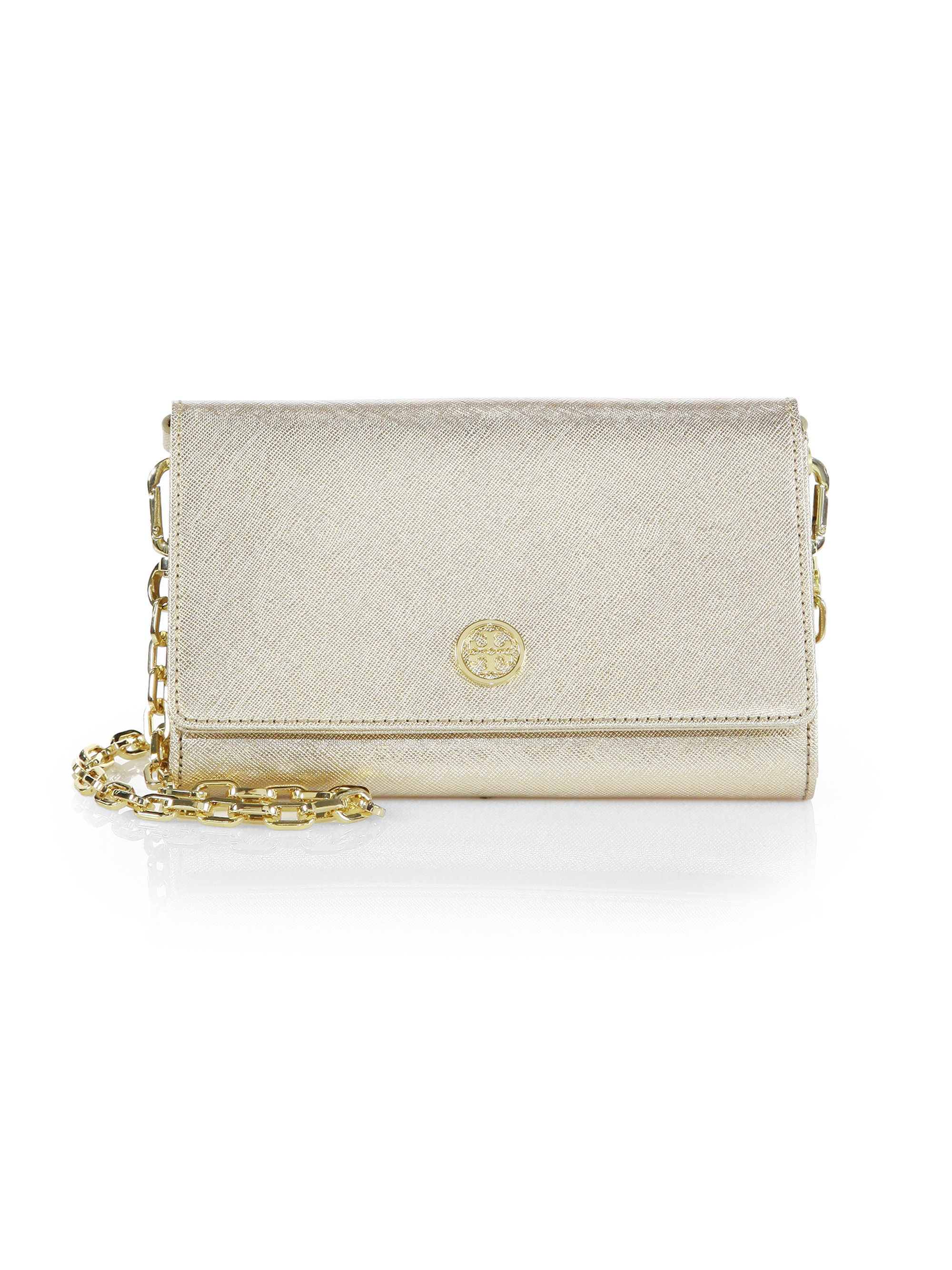 Lyst - Tory burch Robinson Metallic Saffiano Leather Chain Wallet in ...