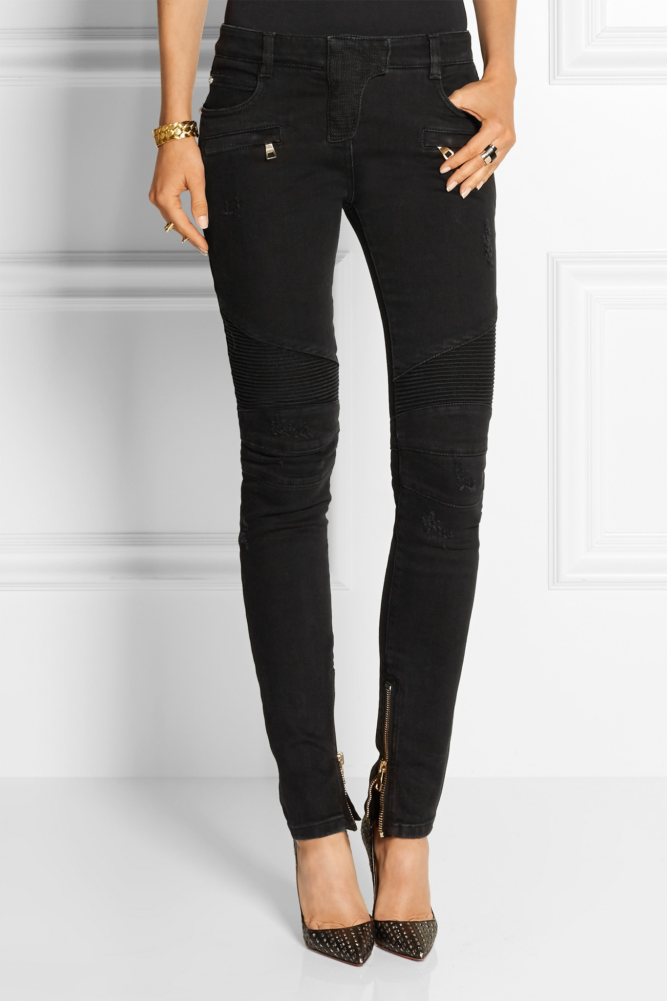 Lyst Balmain Moto Style Distressed Low Rise Skinny Jeans In Black