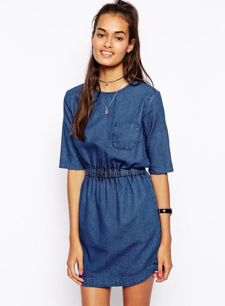 Asos Denim Waisted Denim Tshirt Dress in Blue (Midwash) | Lyst