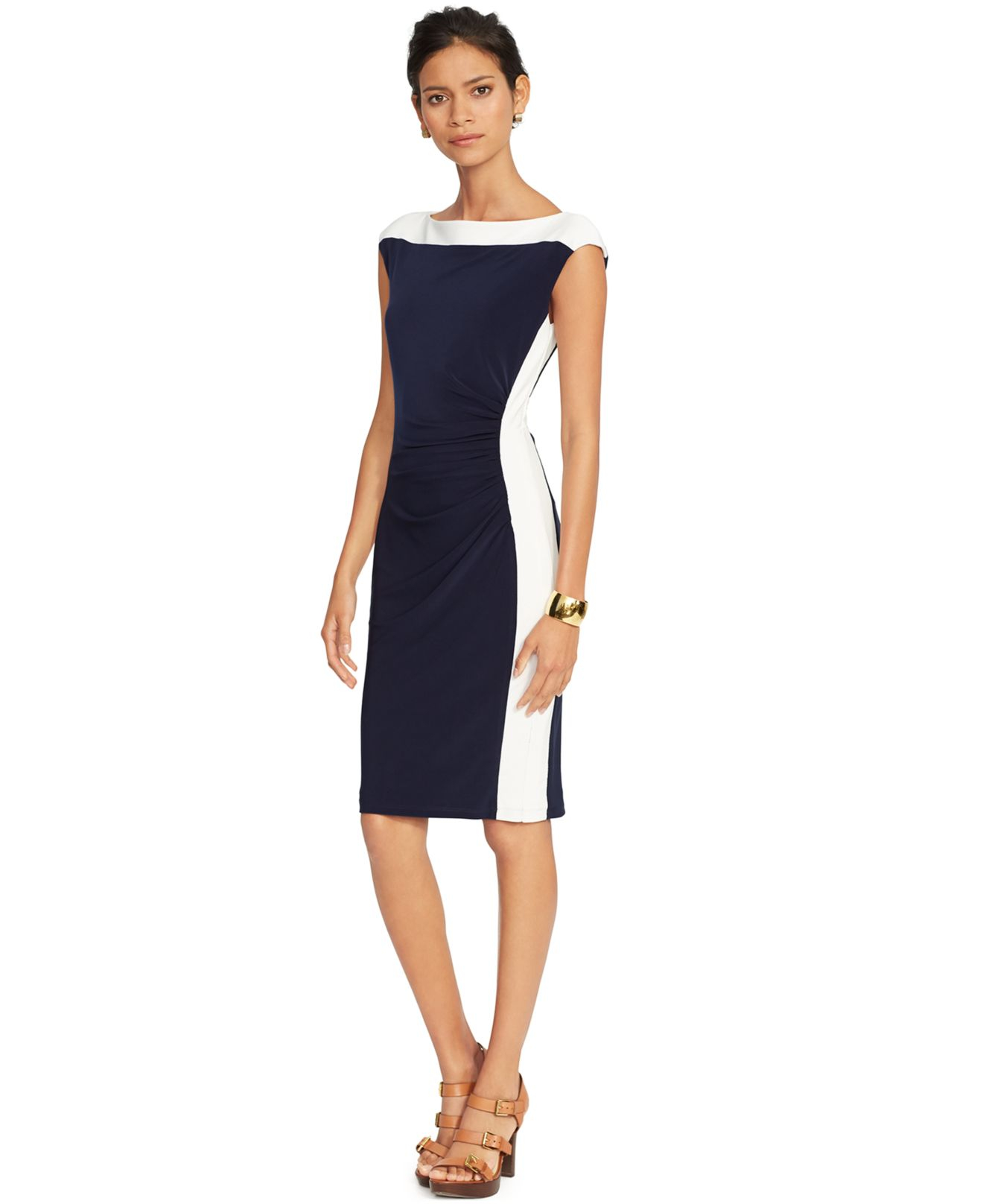 Lyst Lauren By Ralph Colorblocked Cap Sleeve Dress In Blue Gallery
