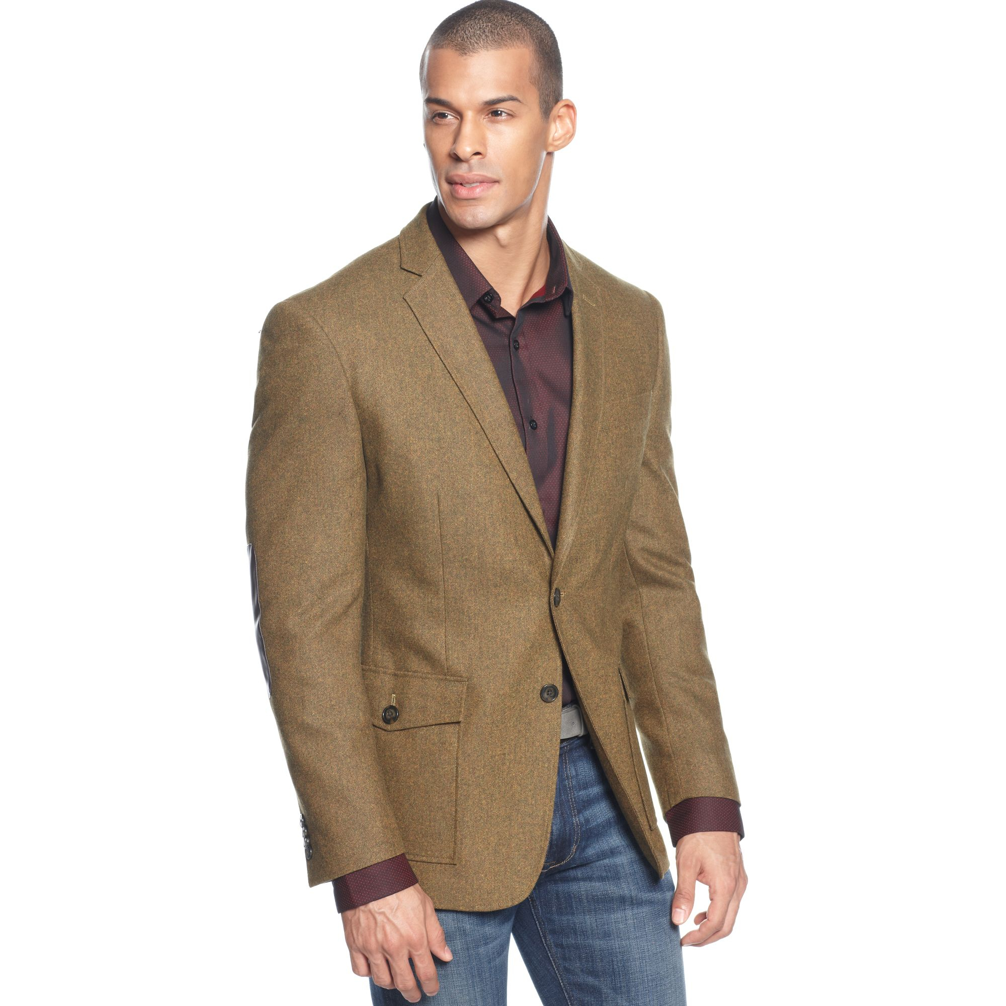 Sean John Tweed Blazer with Elbow Patches in Beige for Men (Olive) | Lyst