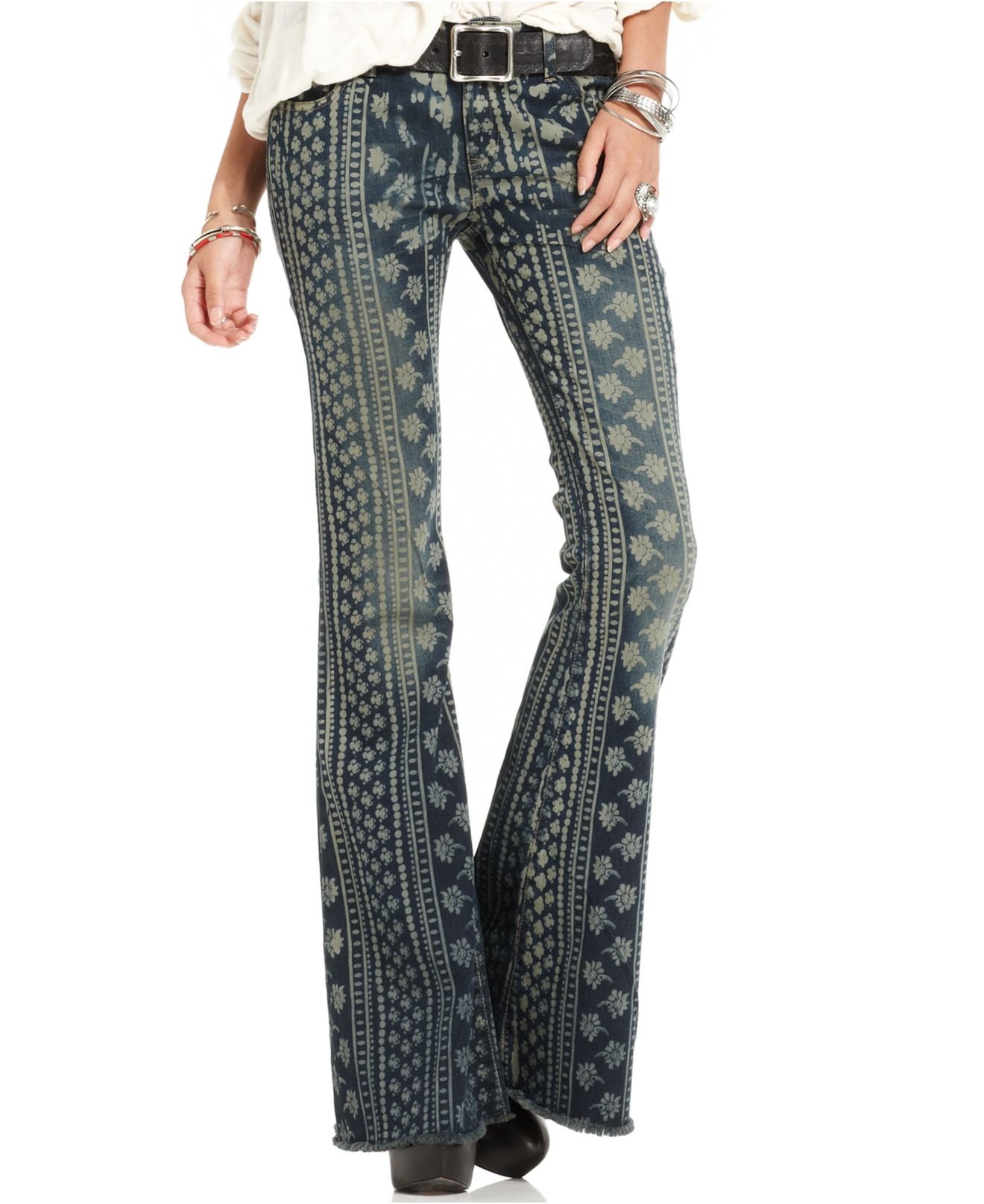 Lyst - Free People Striped Floral-Print Flared Jeans in Blue