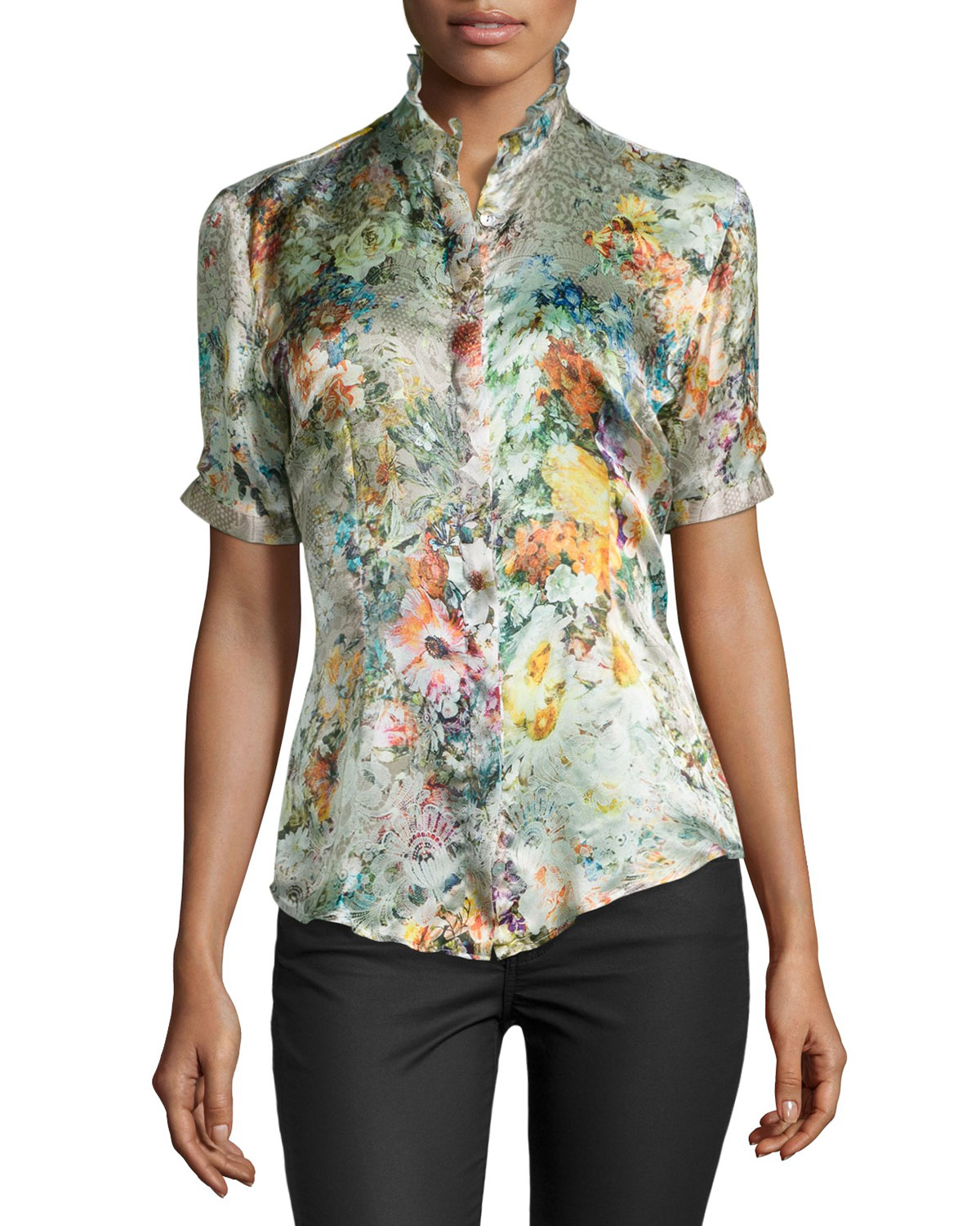 Lyst Roth Los Angeles Ruffleneck Silk Floral/laceprint Blouse