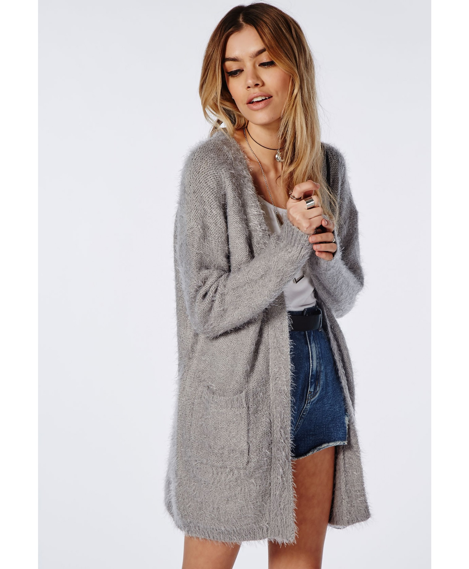 Missguided Ceris Knitted Fluffy Cardigan Grey in Gray | Lyst