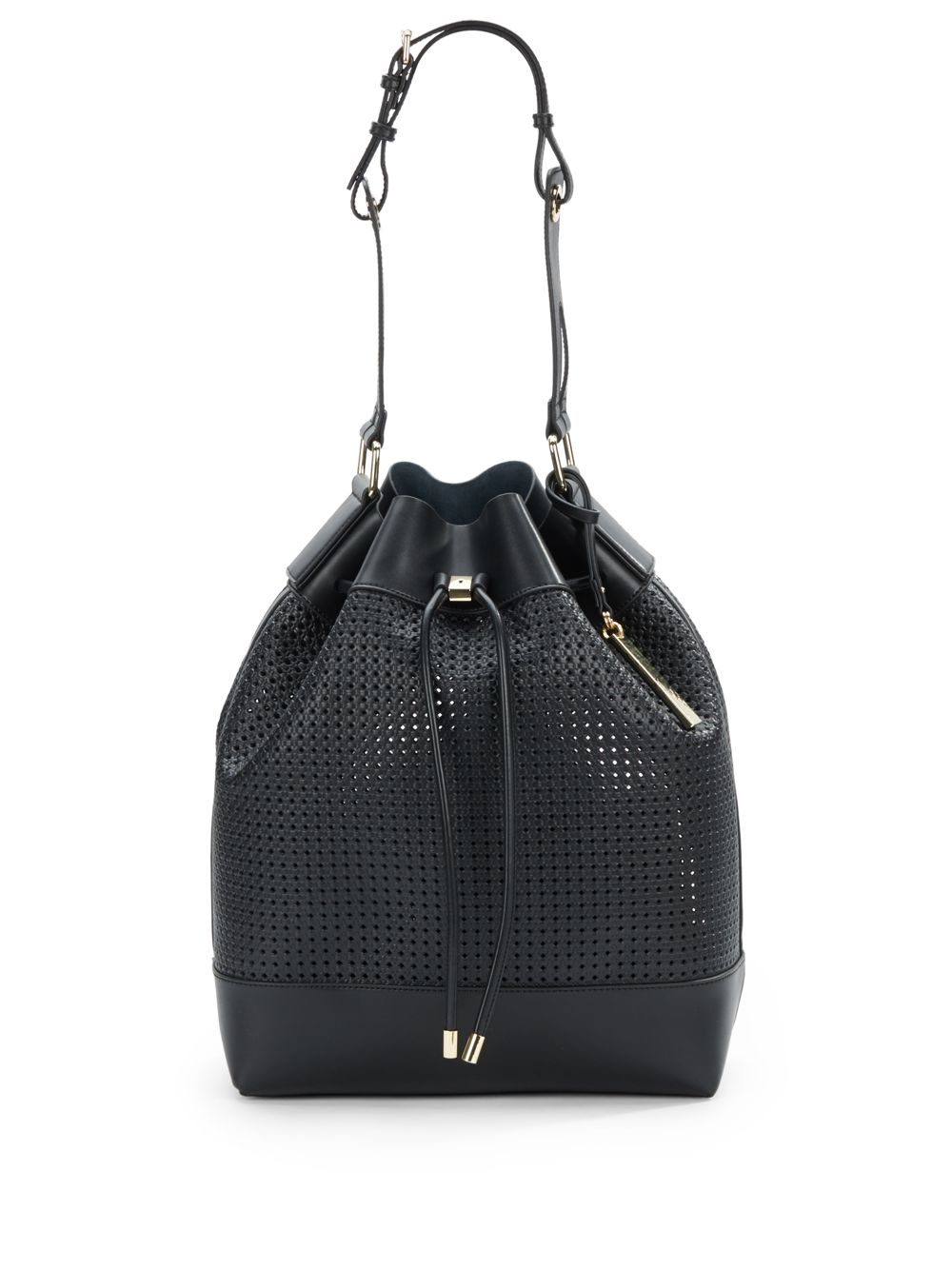 Lyst Vince Camuto Perforated Drawstring Leather Bucket Bag In Black Gallery