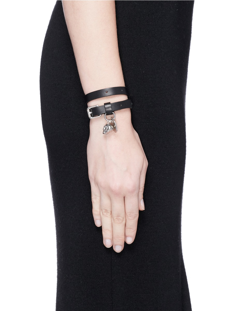 Lyst Alexander Mcqueen Skull Charm Double Wrap Leather Bracelet In Gallery