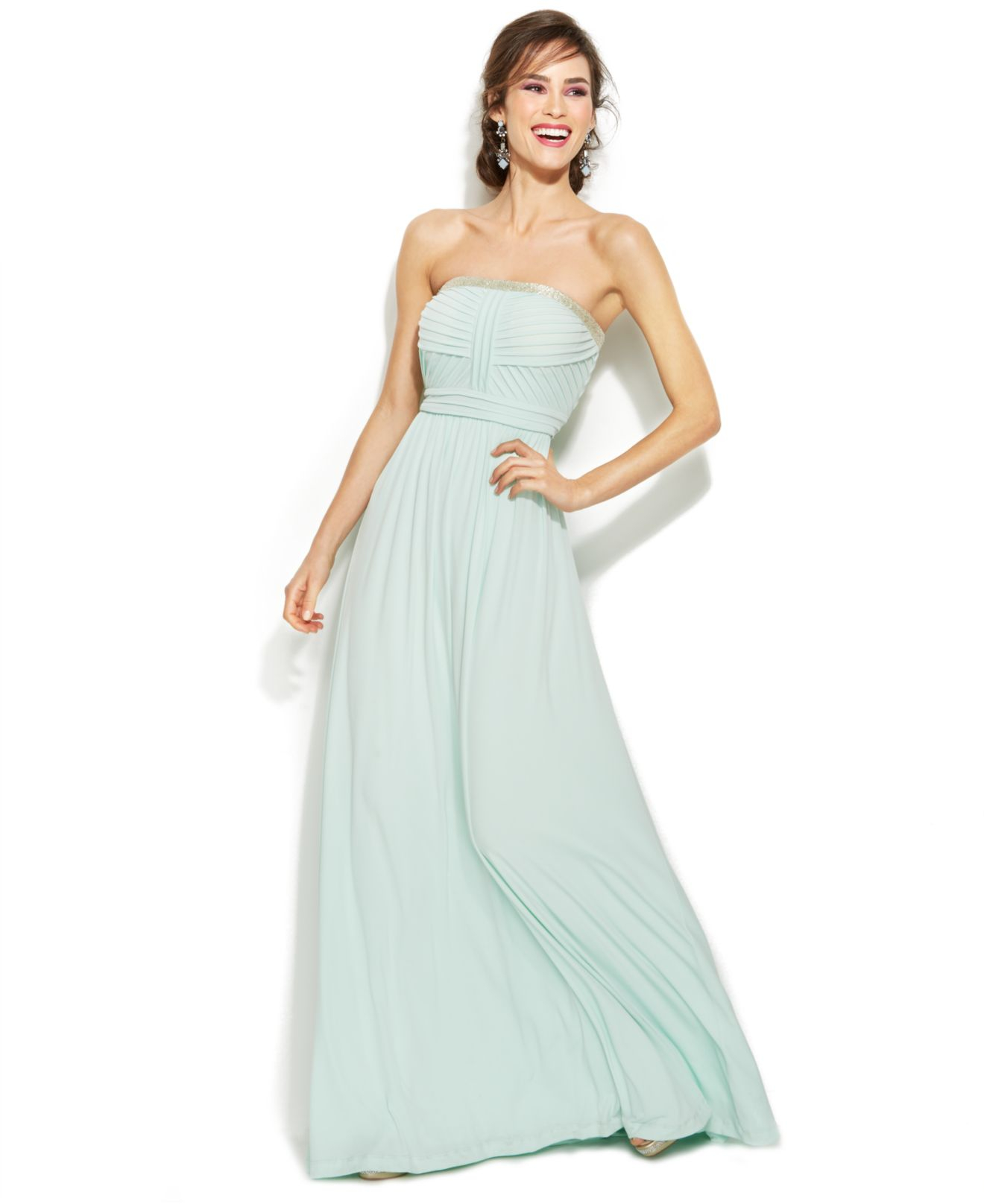 Lyst Calvin Klein Strapless Embellished Pleated Gown In Green Gallery