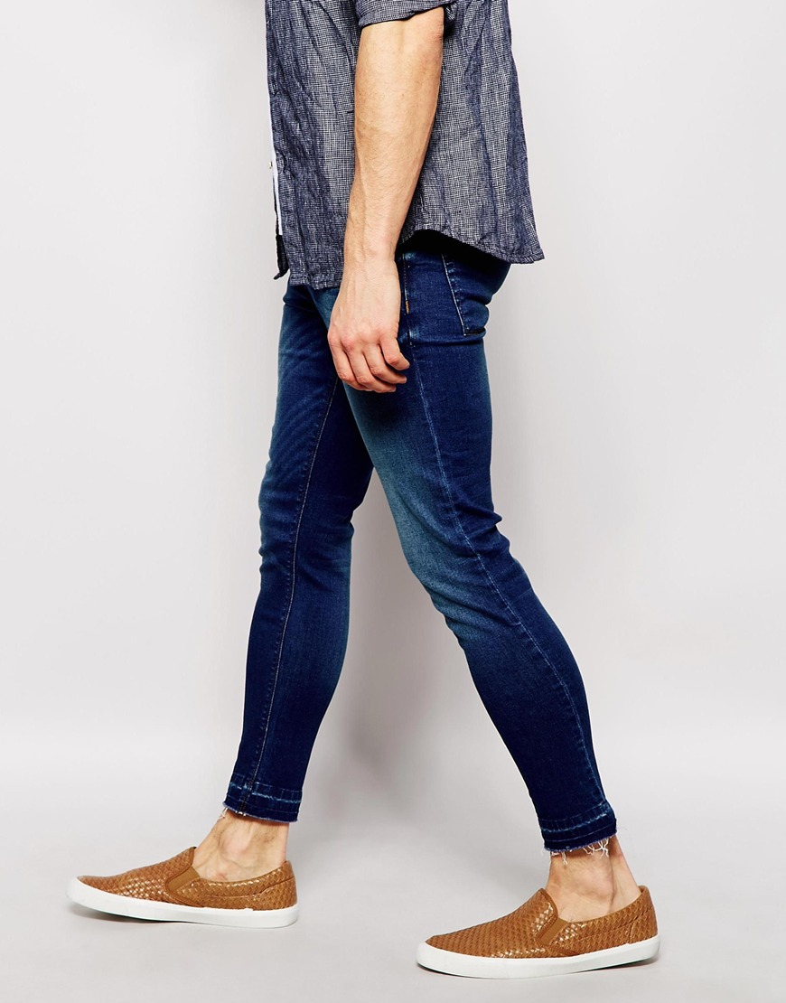 Asos Extreme Super Skinny Jeans With Raw Hem In Blue For Men | Lyst