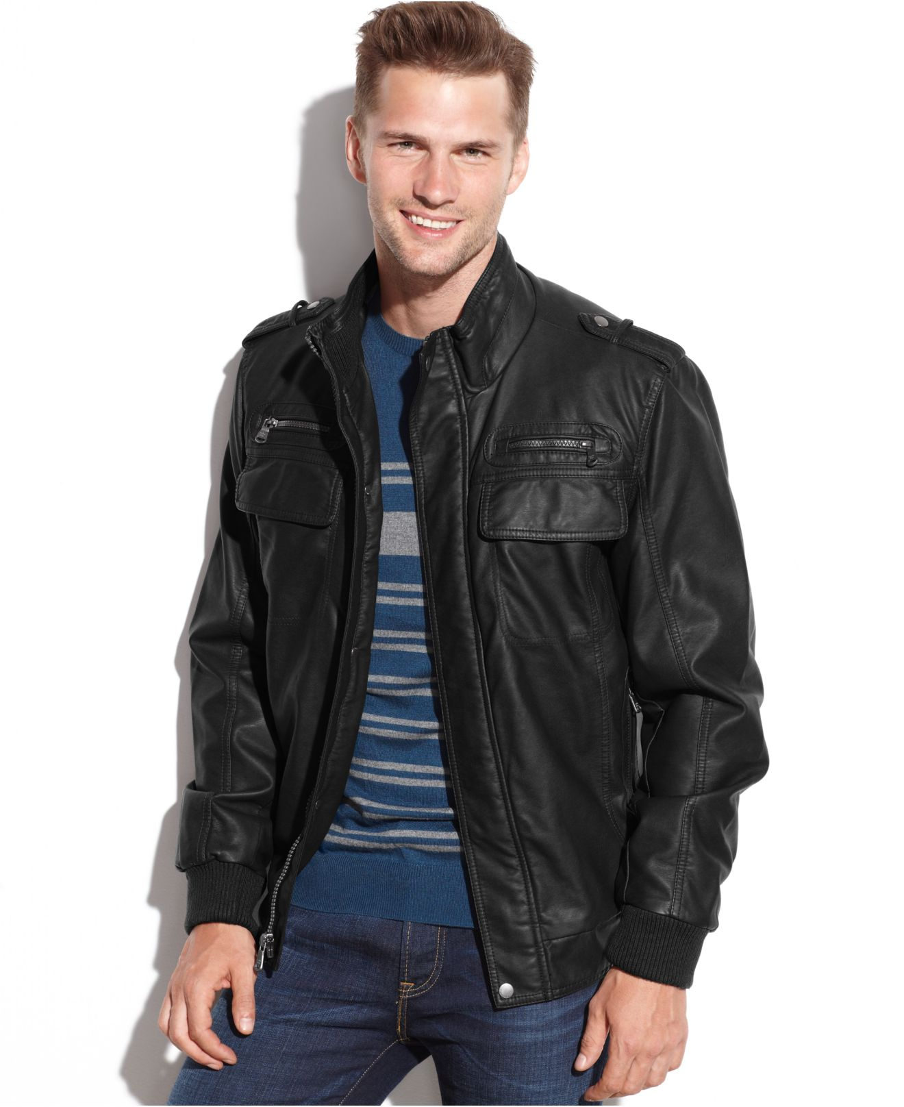 Calvin Klein Faux Leather Bomber Jacket in Black for Men | Lyst