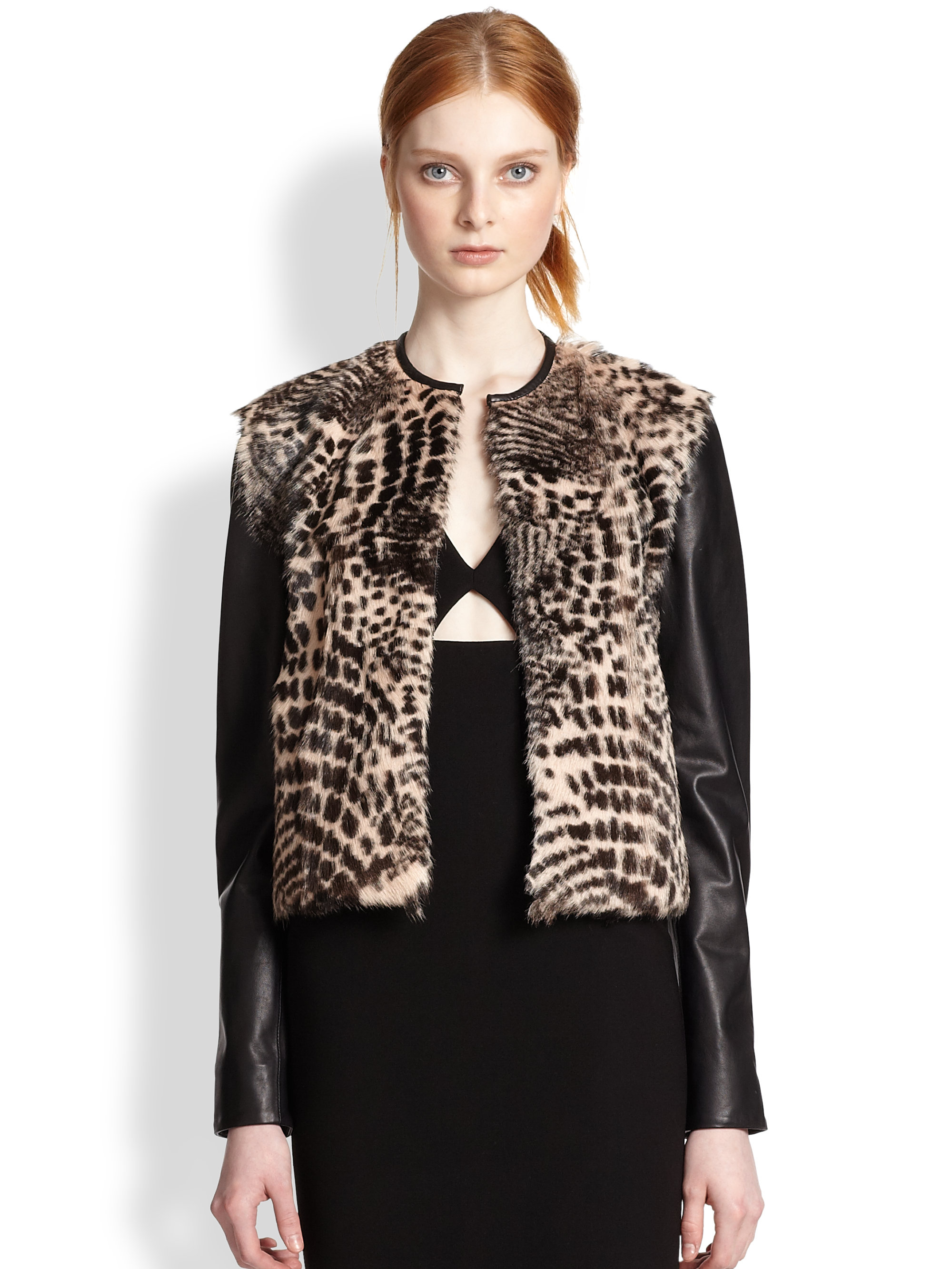 Alice Olivia Trix Cropped Leather Trimmed Fur Jacket In Black Lyst Gallery