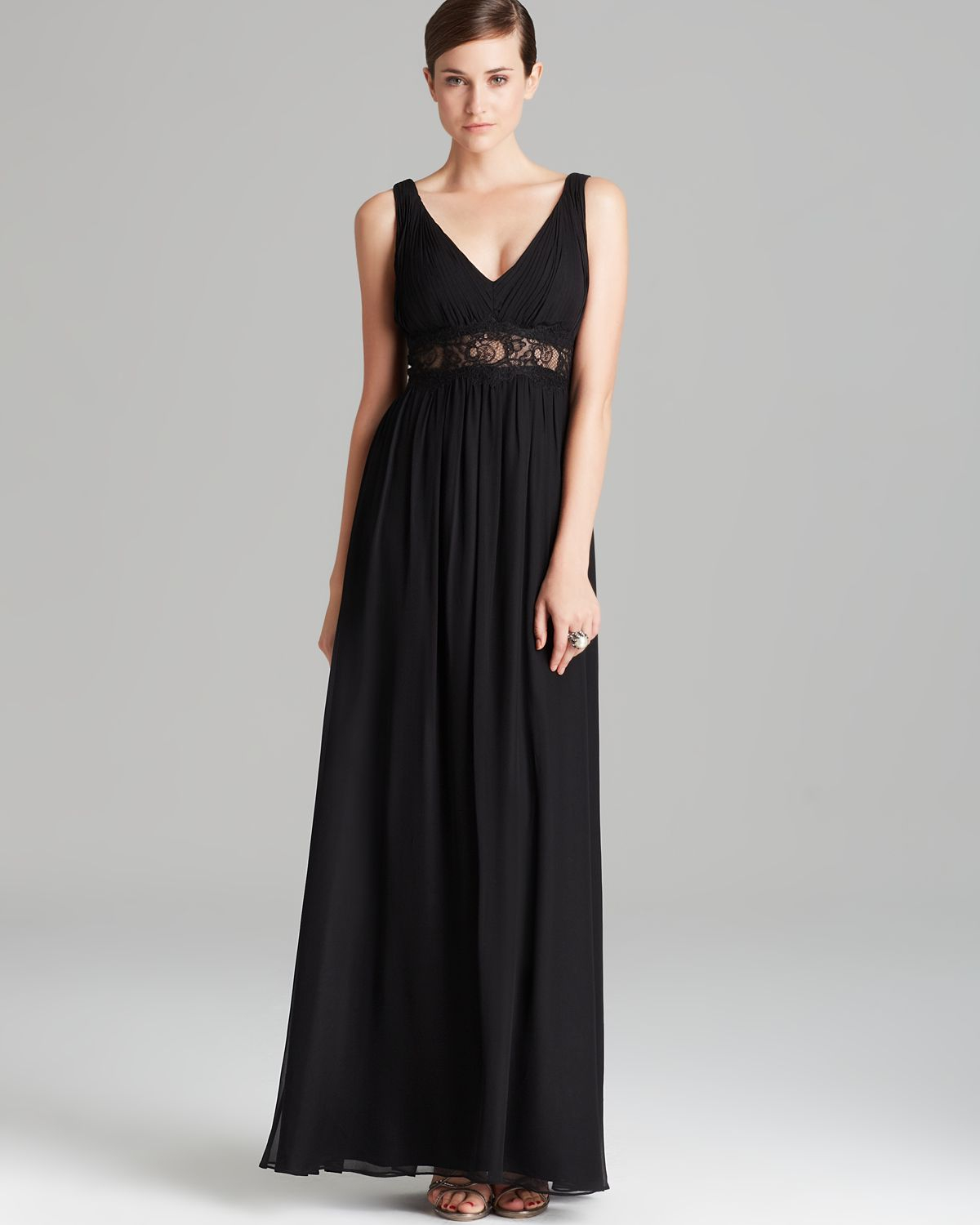 Aidan Mattox Gown - Double V Neck Illusion Lace Waist in Black | Lyst