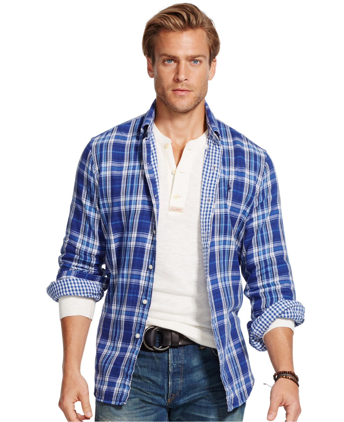 blue plaid polo shirt