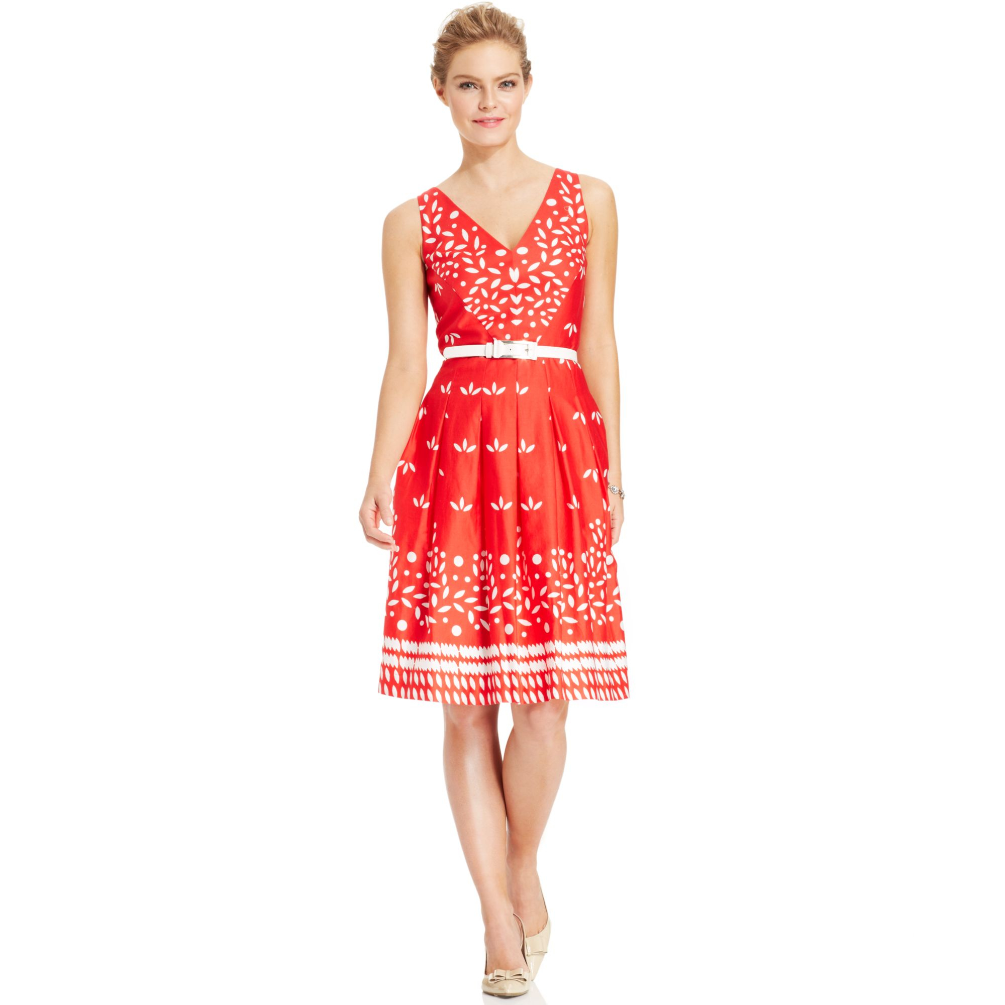 Lyst - Anne klein Petite Sleeveless Printed Belted Dress in Red