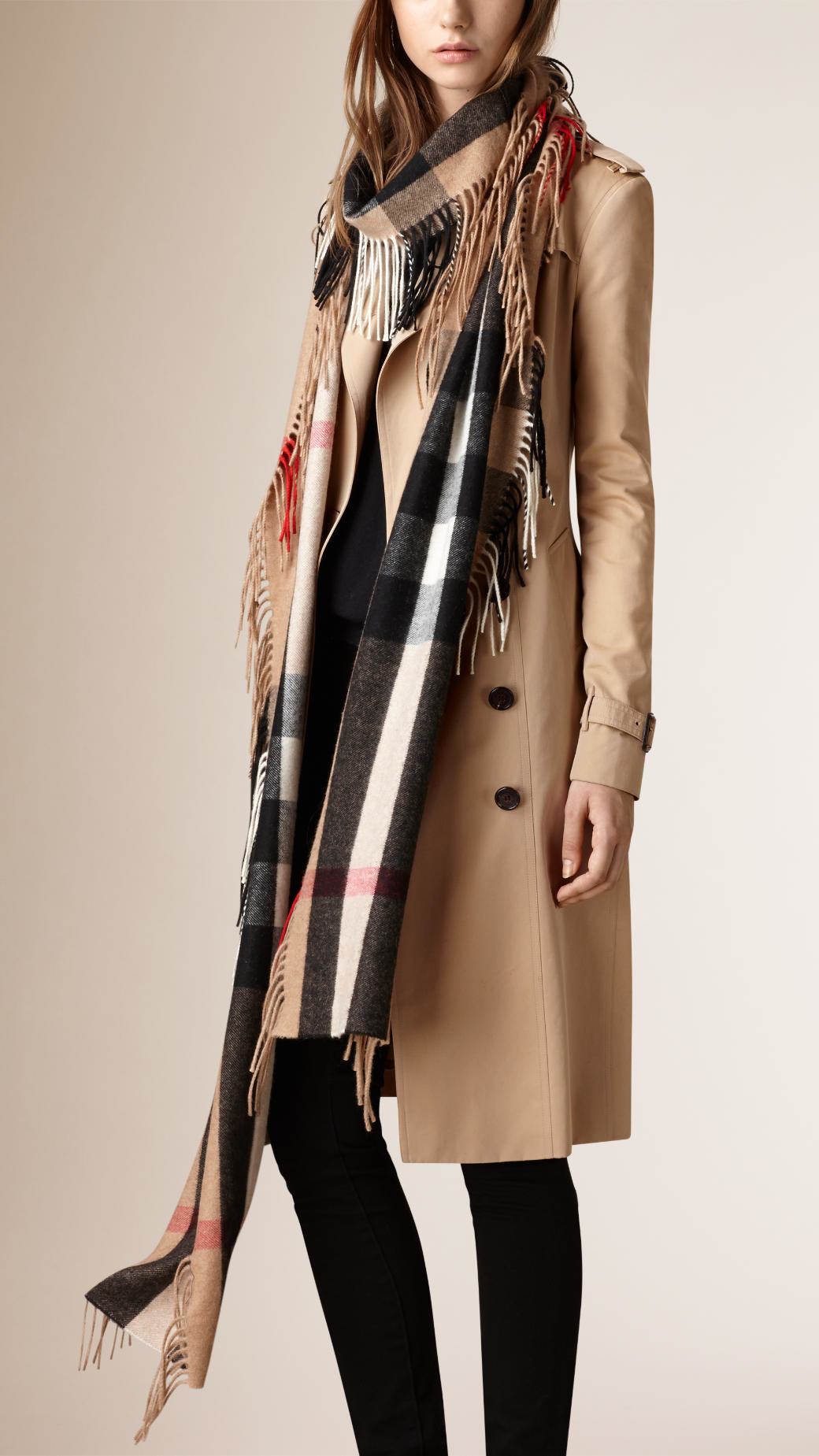 Burberry The Long Fringe Scarf In Check Cashmere in Brown | Lyst