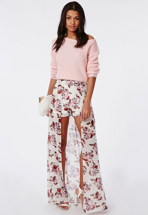 Missguided Floral Print Shorts With Maxi Skirt Detail | Lyst