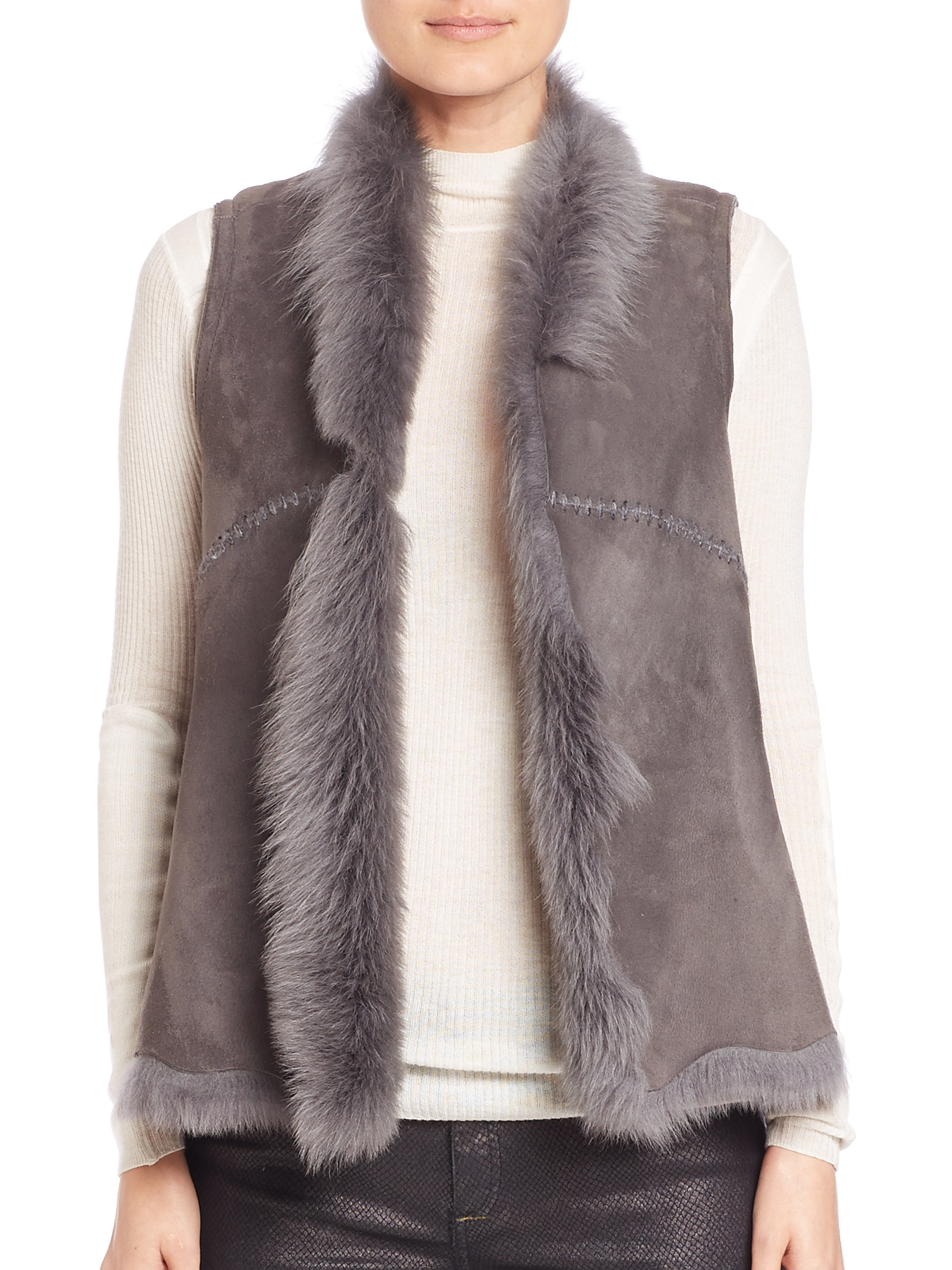 Lyst Elie tahari Piper Suede Shearlingtrim Vest in Gray