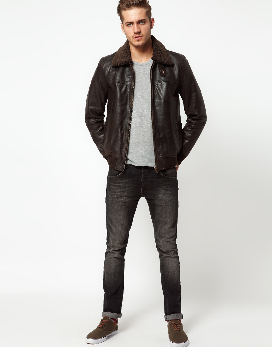 Lyst Asos Leather Pilot Jacket With Borg In Brown For Men