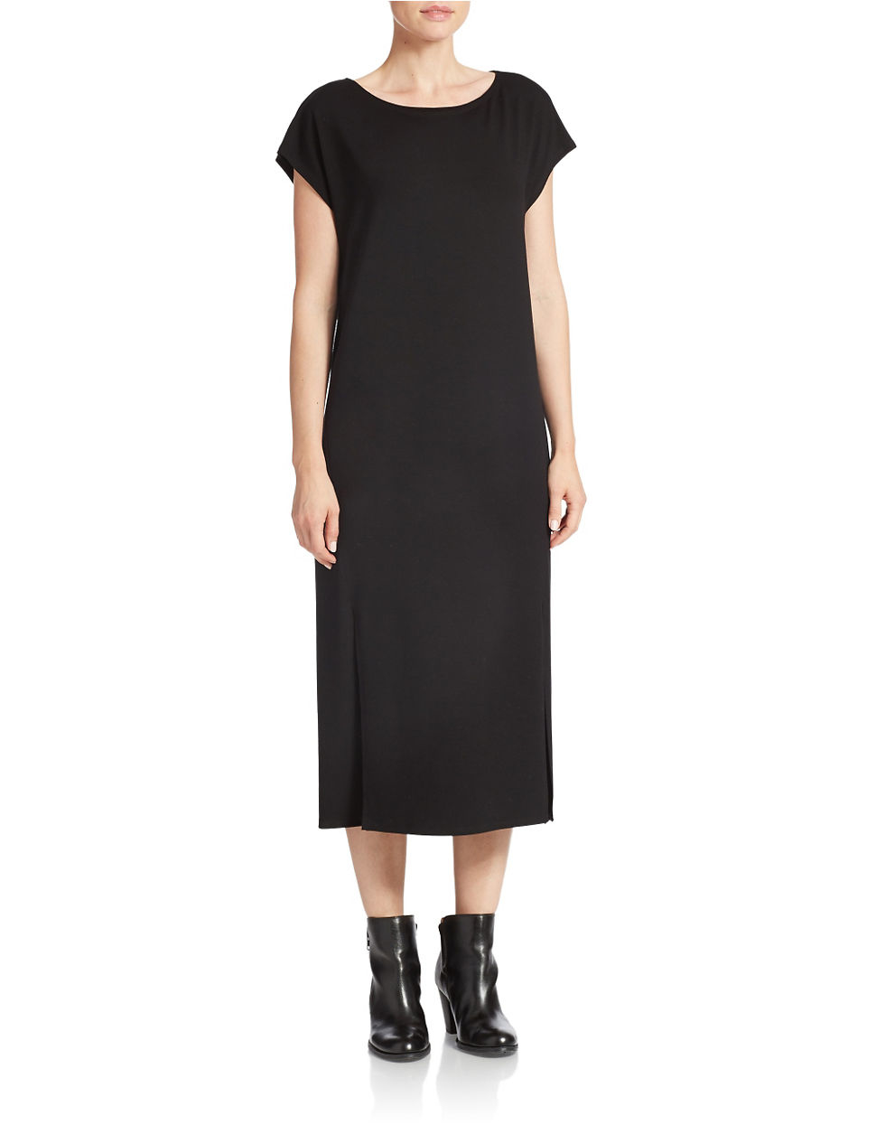 Eileen fisher Bateau Neck Long Dress in Black | Lyst