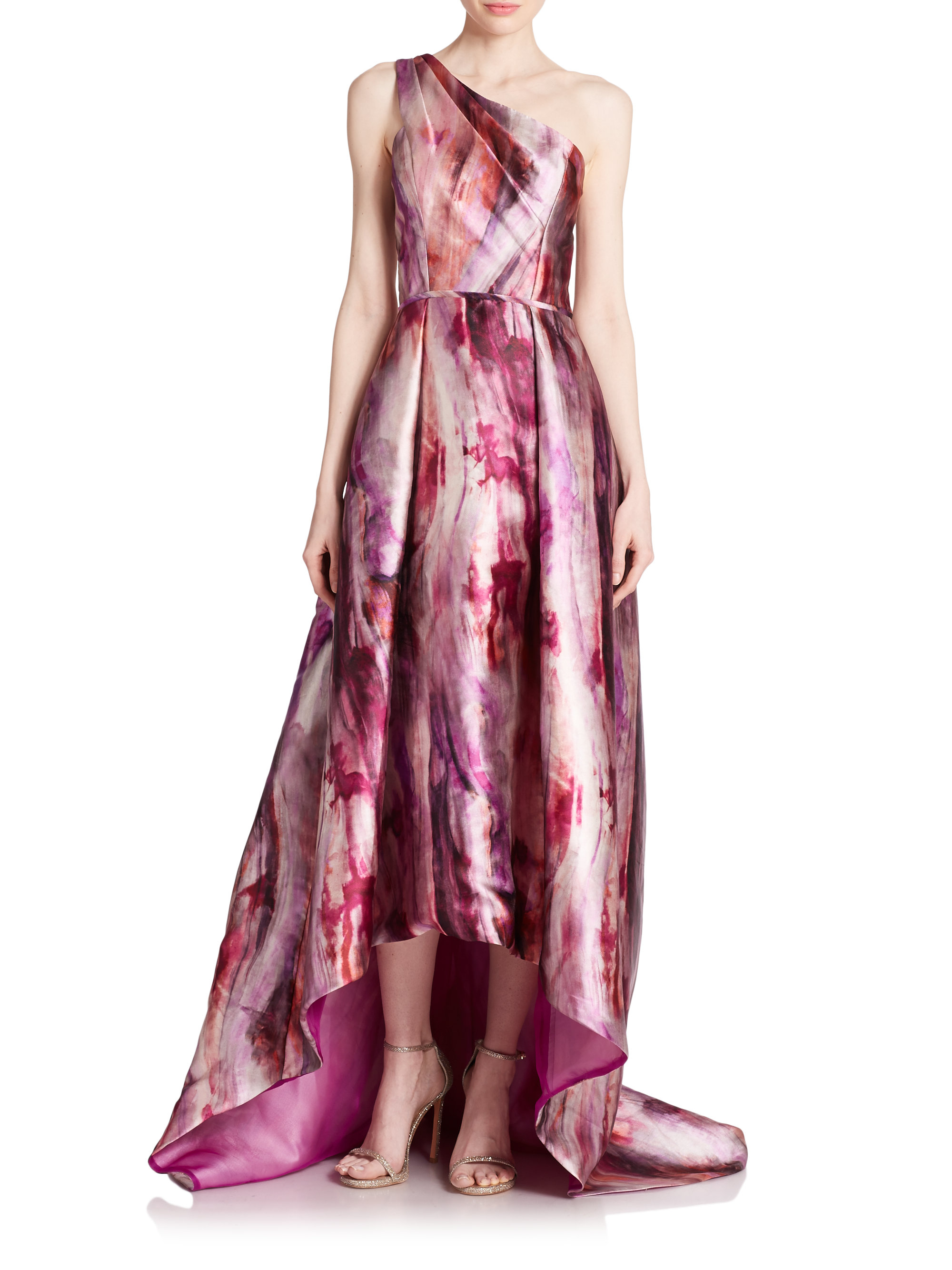 Lyst - Pamella Roland Orchid-Print Sateen Gown in Purple