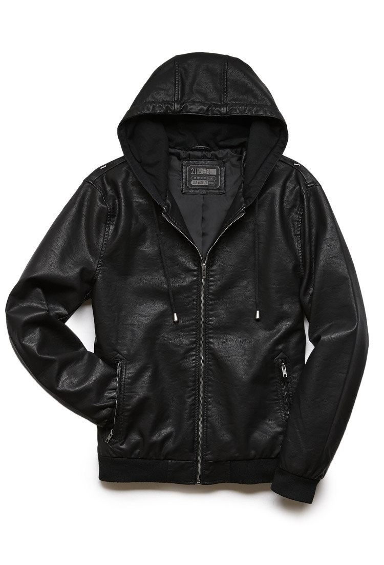 21men Hooded Faux Leather Jacket 21 Men in Black for Men | Lyst