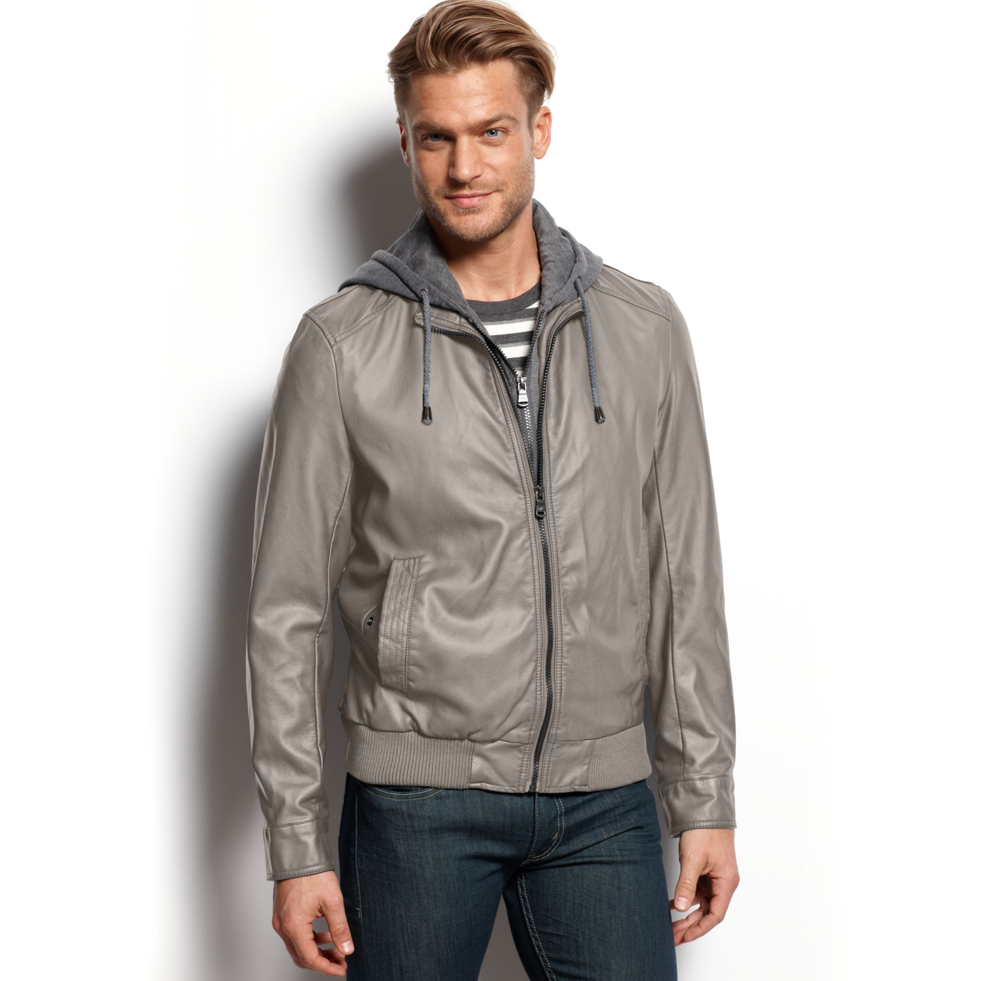 Michael Kors Blue Atlanta Knit Hood Faux Leather Jacket For Men