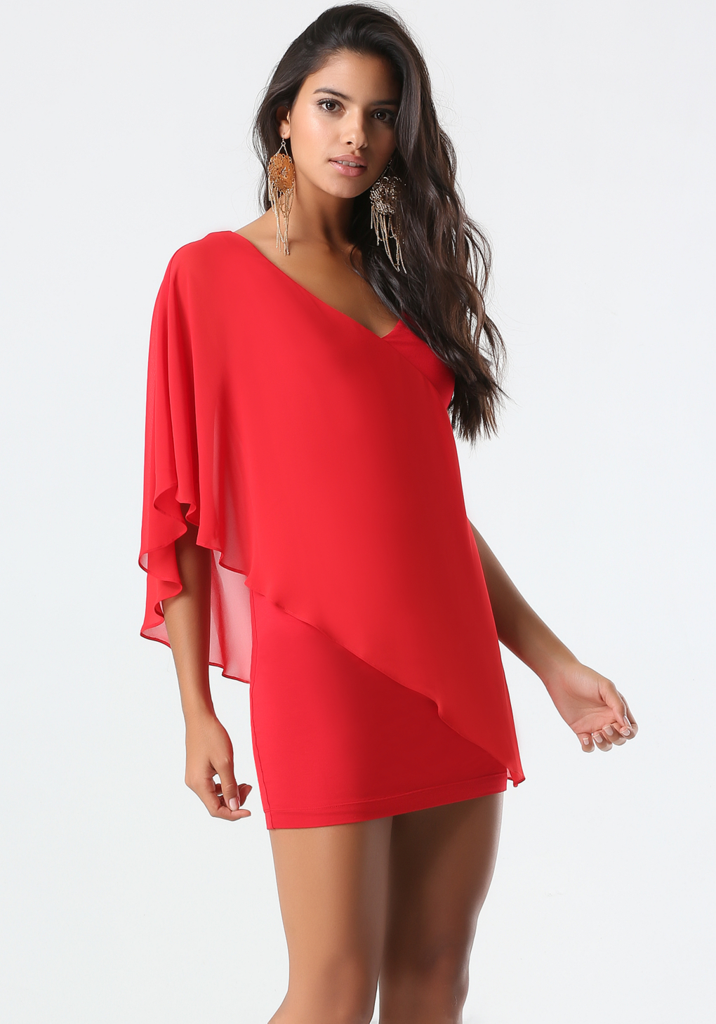 Bebe Asymmetric Flutter Sleeve Dress in Red (BARBADOS