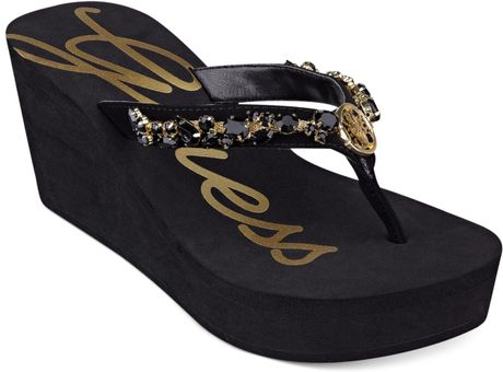 Guess Sabell2 Silver Charm Platform Wedge Flip Flops in Black | Lyst