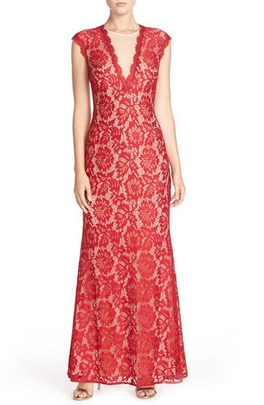 Betsy & adam Illusion V-neck Lace Trumpet Gown in Red (RED/ NUDE) | Lyst