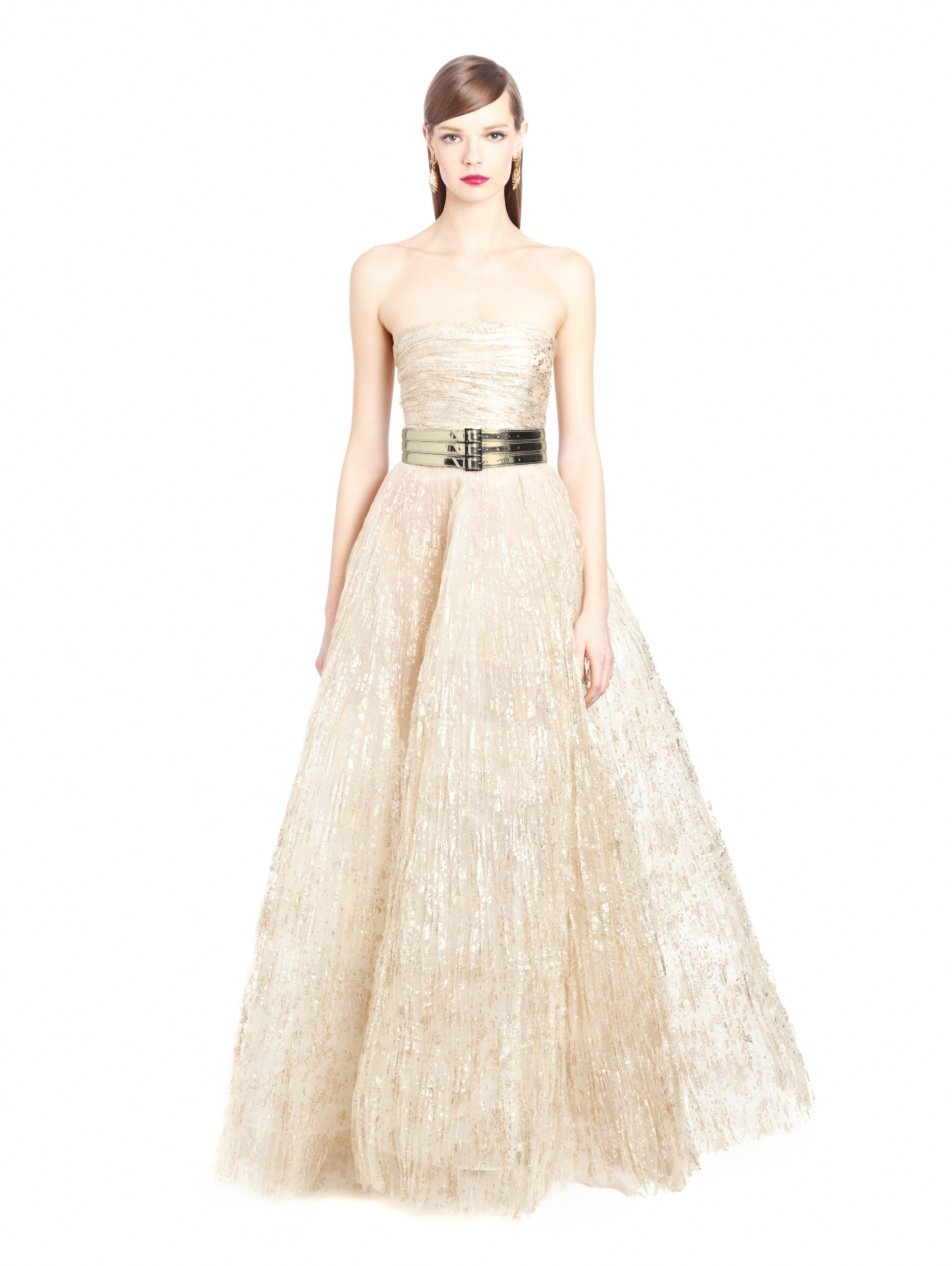 Lyst Oscar De La A Champagne Foil Splattered Tulle Gown In Gallery Women S Gold Bandage Dresses