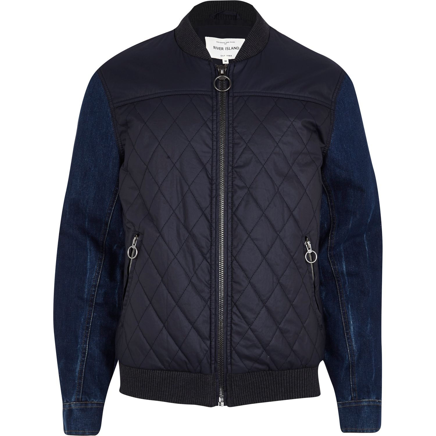 River Island Navy Denim Sleeve Quilted Bomber Jacket in Blue for Men ...