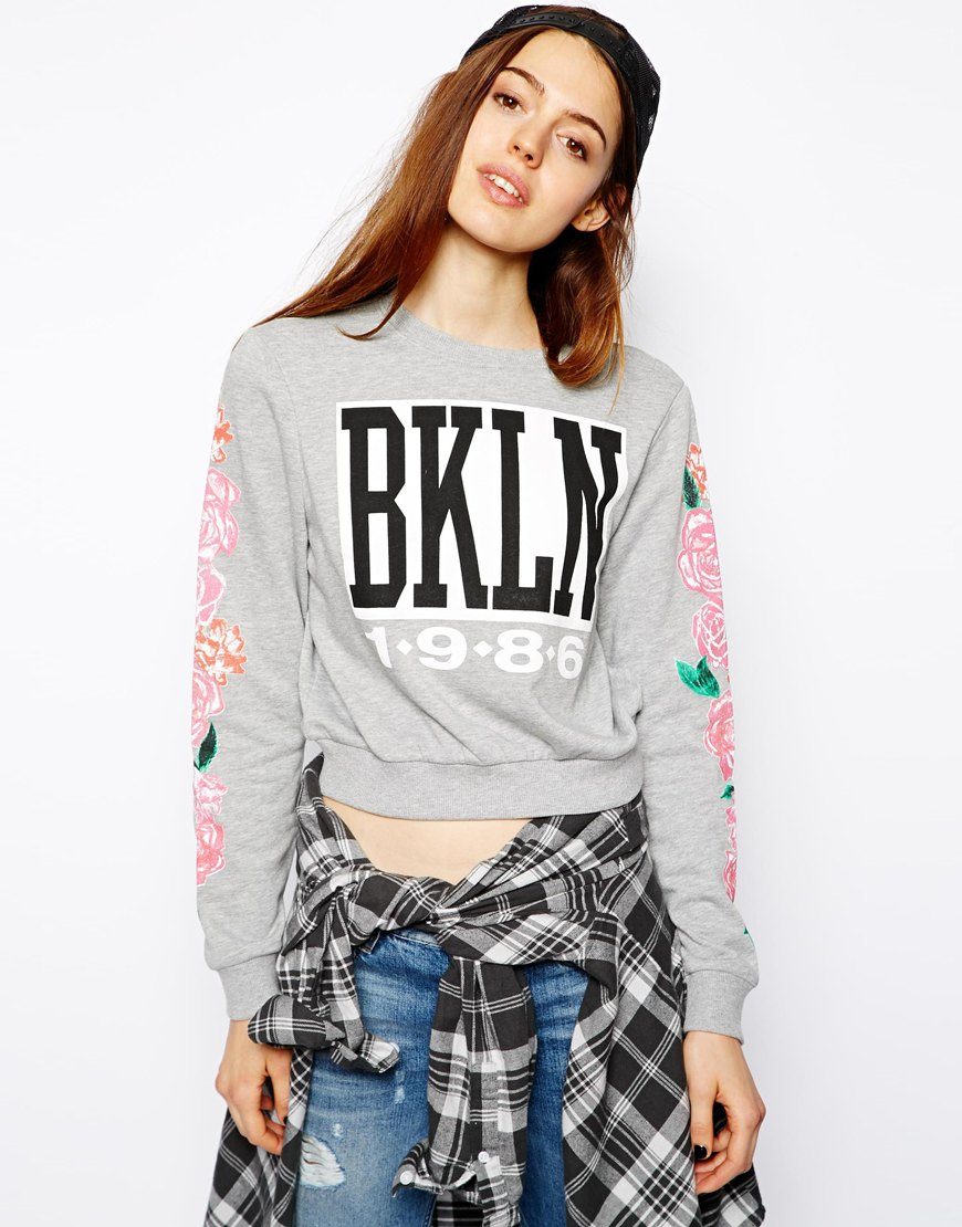 Lyst - Asos Cropped Sweatshirt with Sporty Number and Floral Sleeve in Gray