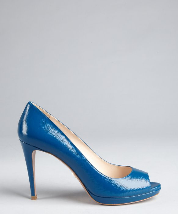 Lyst - Prada Azure Textured Patent Leather Peep Toe Platform Pumps in Blue