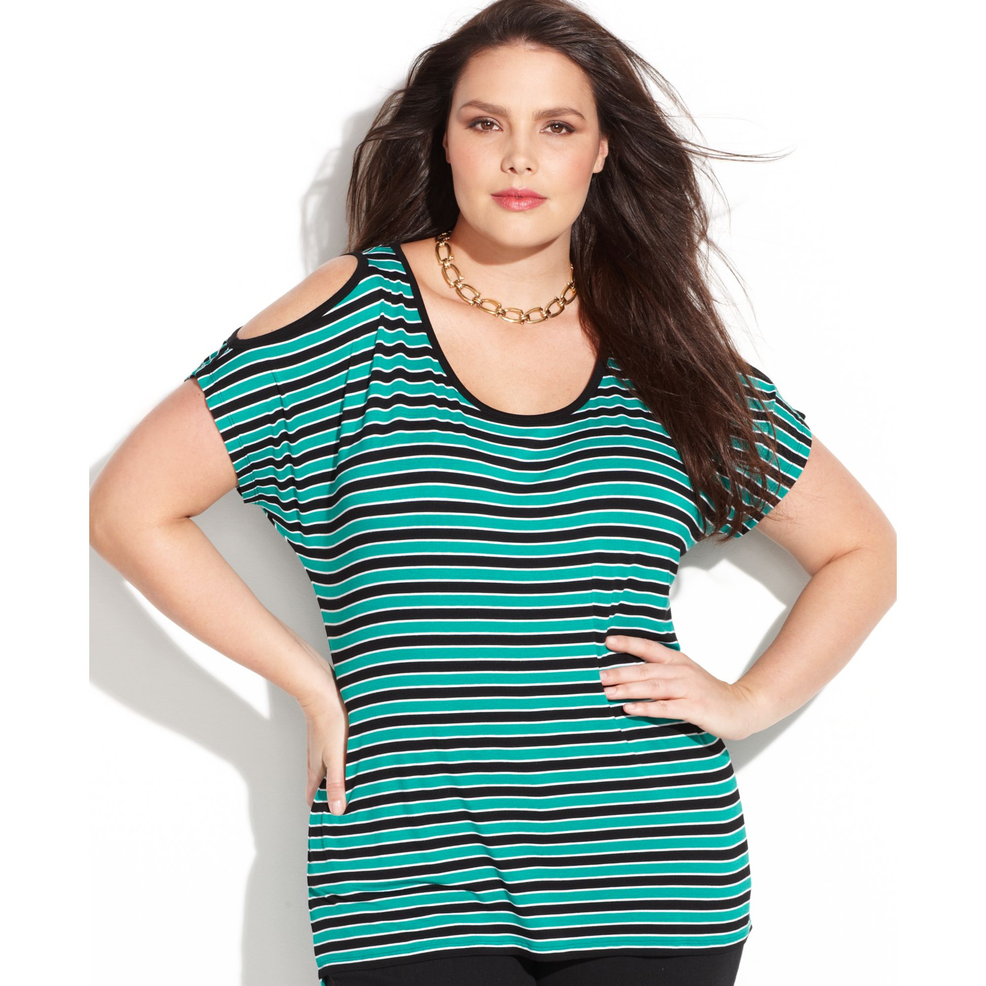 Michael Kors Michael Plus Size Striped Coldshoulder Top in Green ...