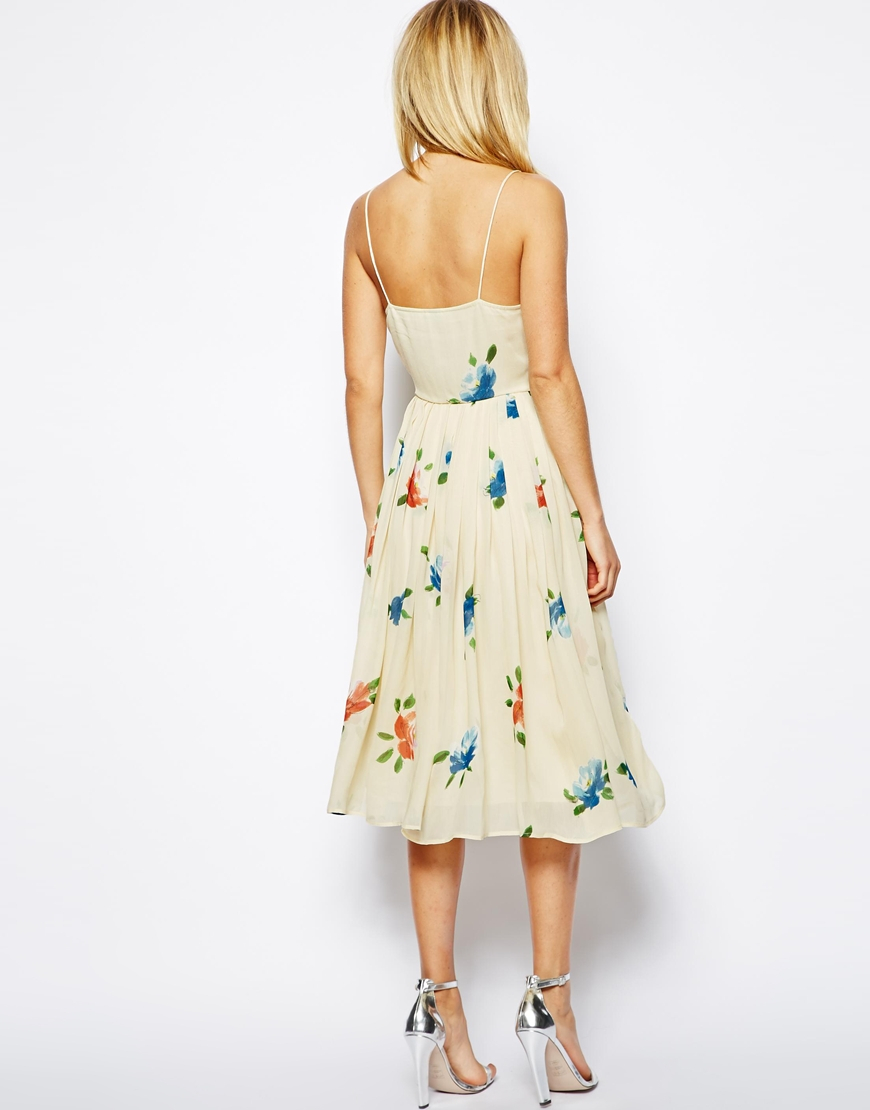 Asos Midi Dress With Pleated Skirt In Floral Print in Natural | Lyst