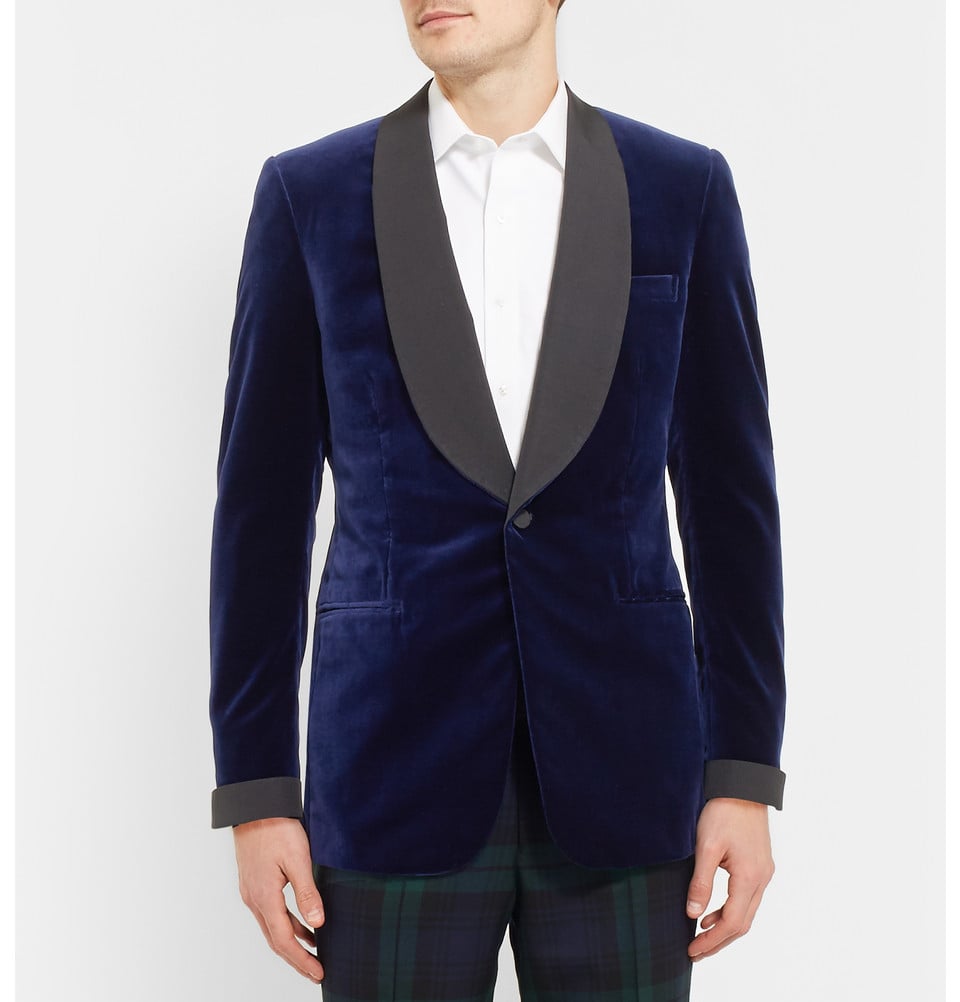 Kingsman Blue Velvet Smoking Jacket With Silk-Grosgrain Shawl-Collar in ...