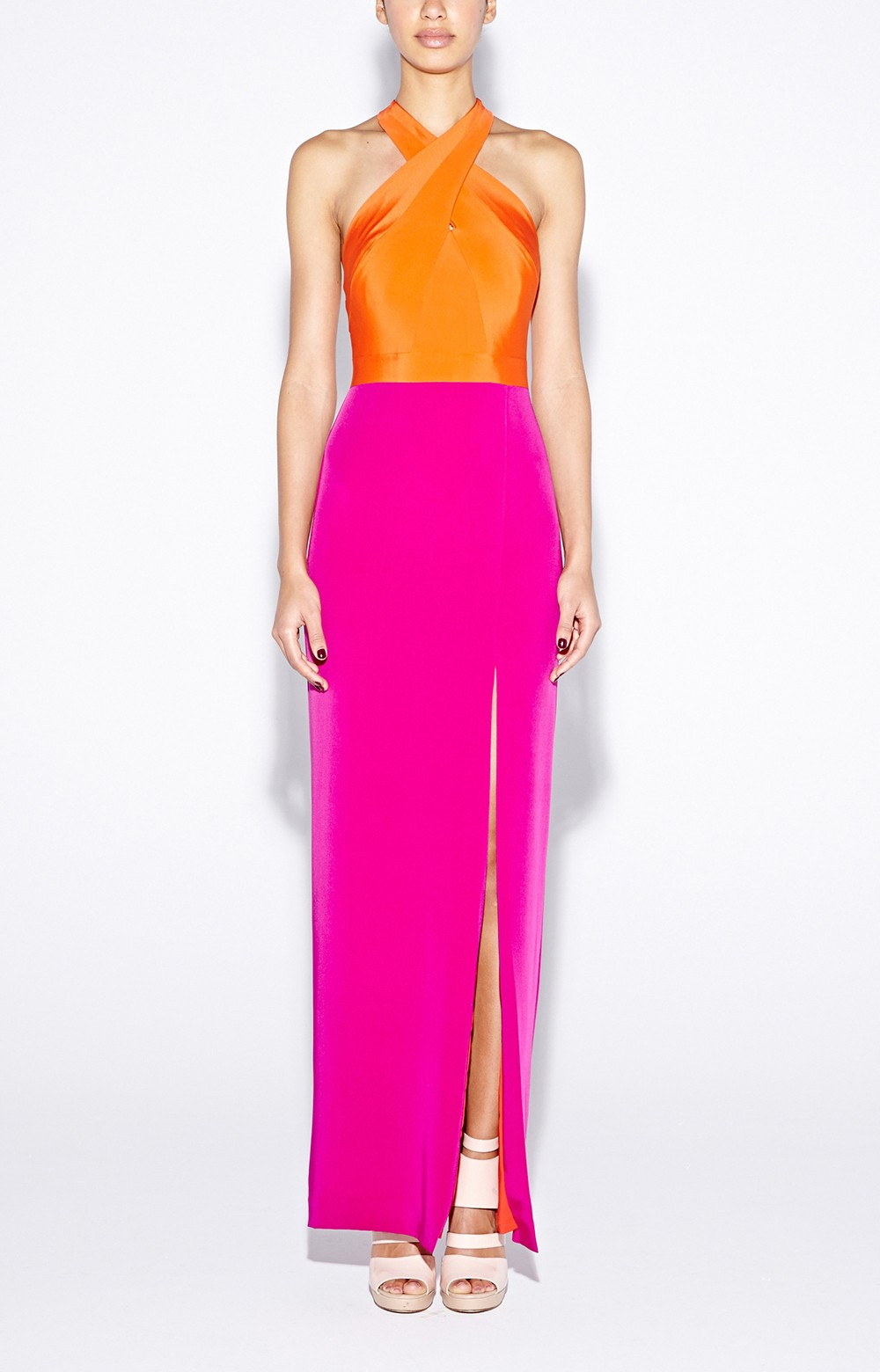 Lyst Nicole Miller Cece Colorblock Halter Gown In Orange Gallery