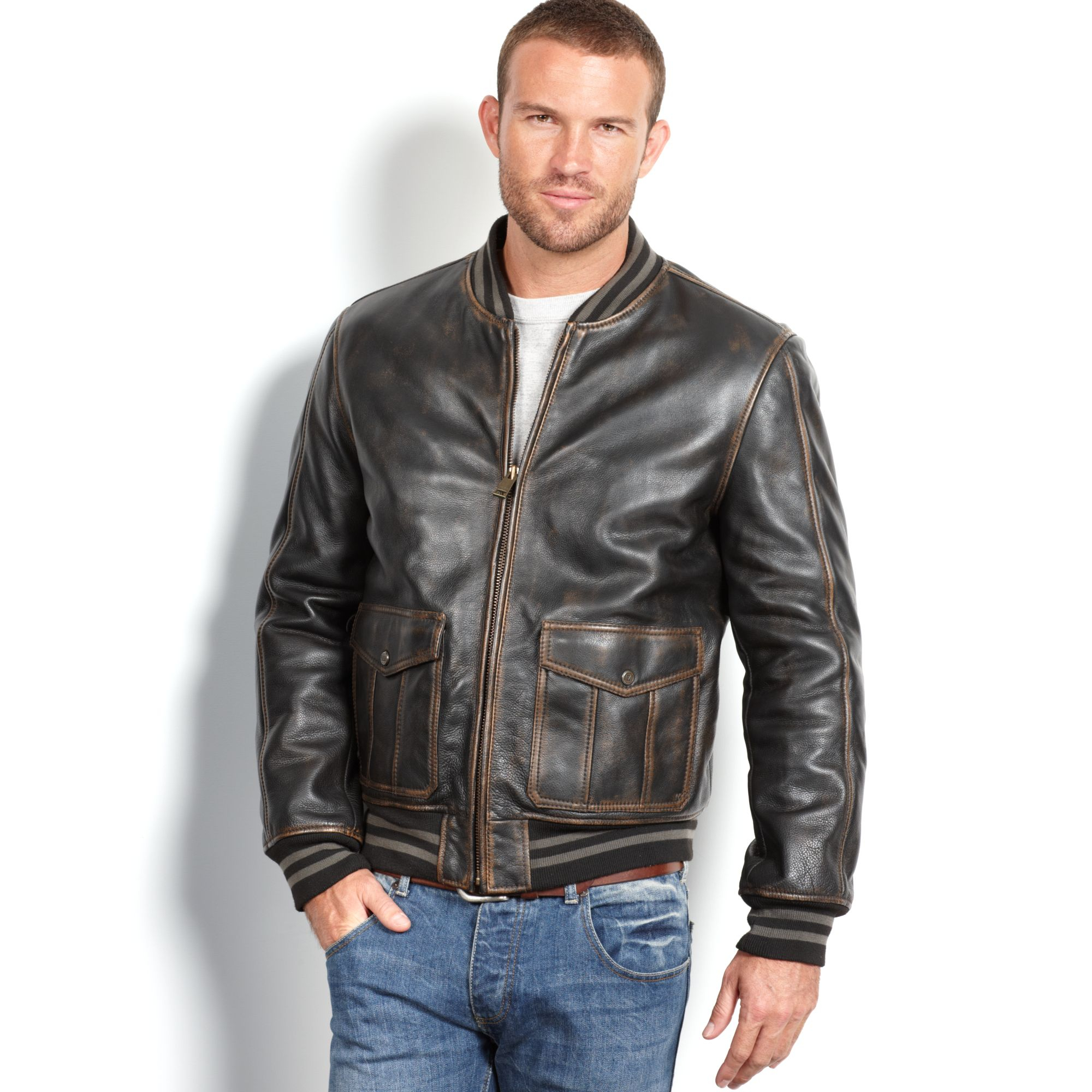 Marc New York Canal Distressed Calf Leather Double-Pocket Bomber Jacket ...