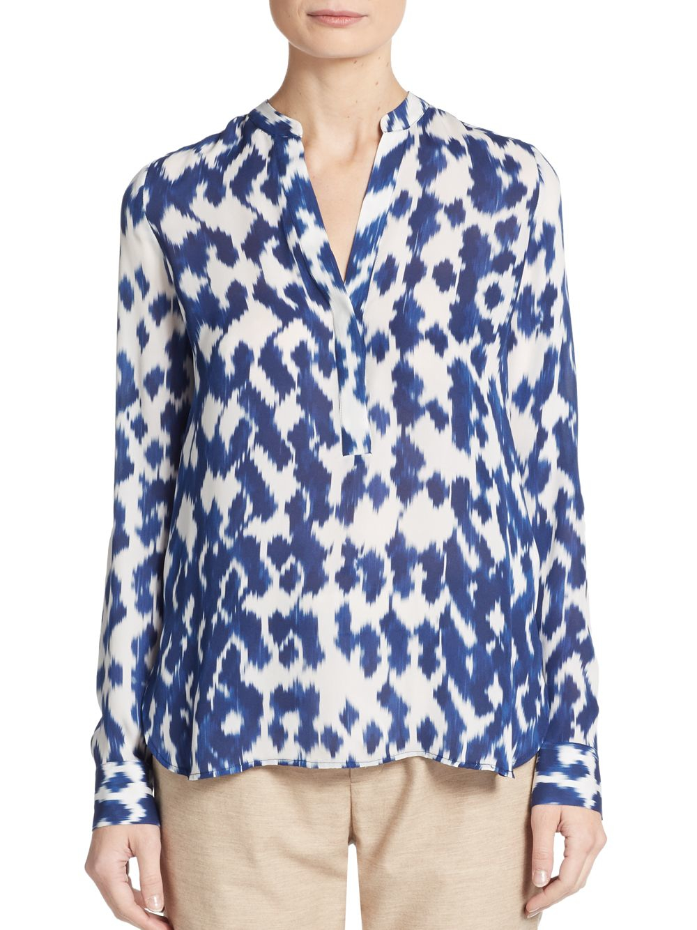 Lyst Vince Ikat Print Silk Blouse in Blue