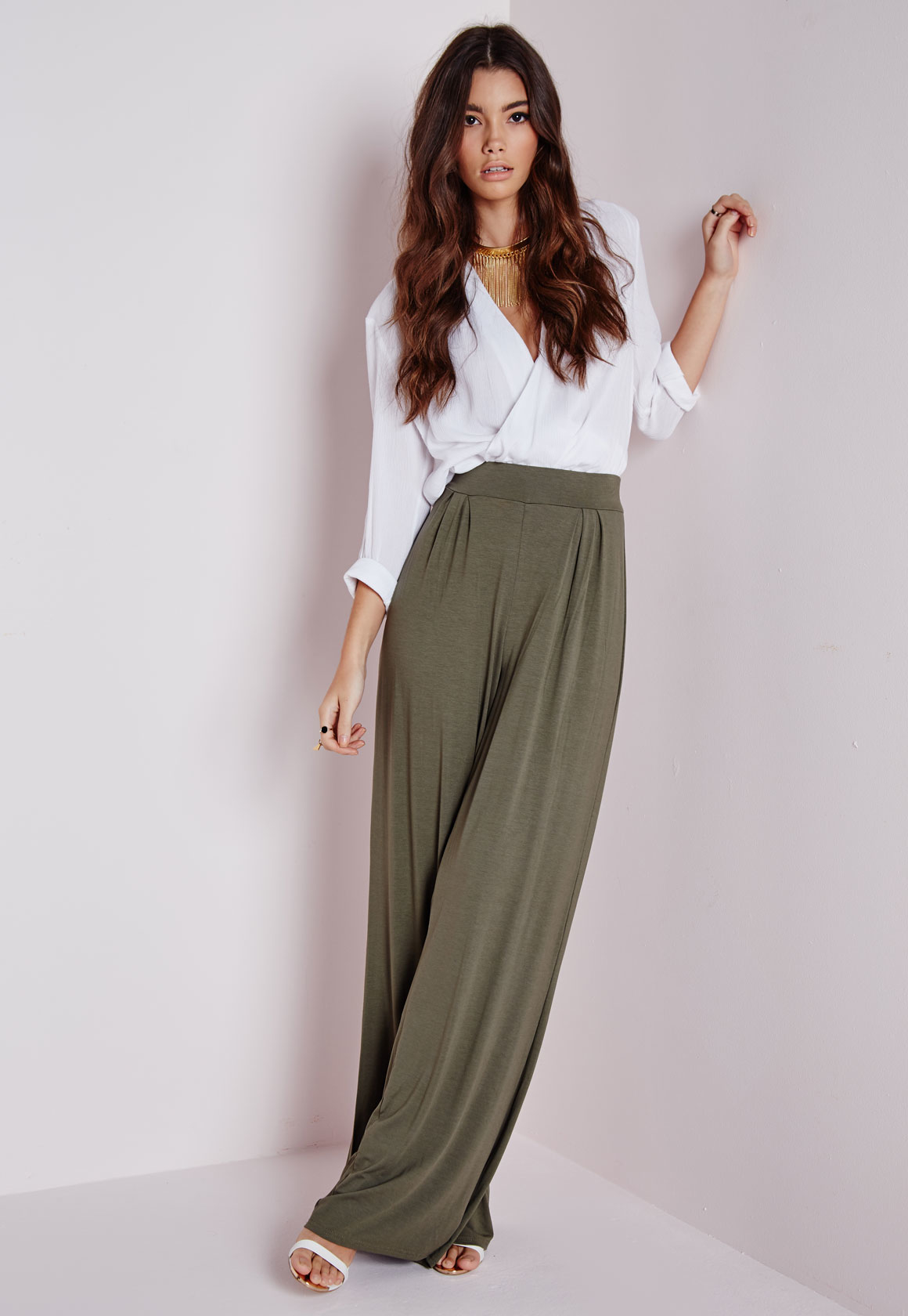 Lyst Missguided Jersey Wide  Leg  Trousers Khaki Green in 