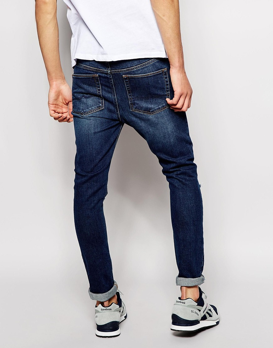 Asos Super Skinny Jeans With Knee Rips in Blue for Men | Lyst