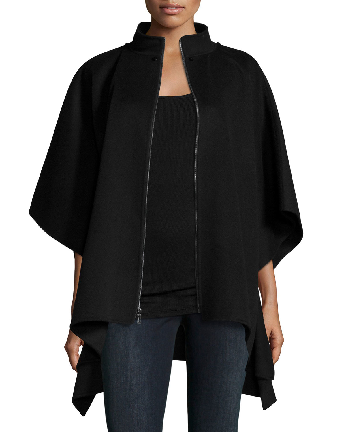 Neiman Marcus Cashmere Collection Fur-trim Hooded Cashmere Zip Poncho ...