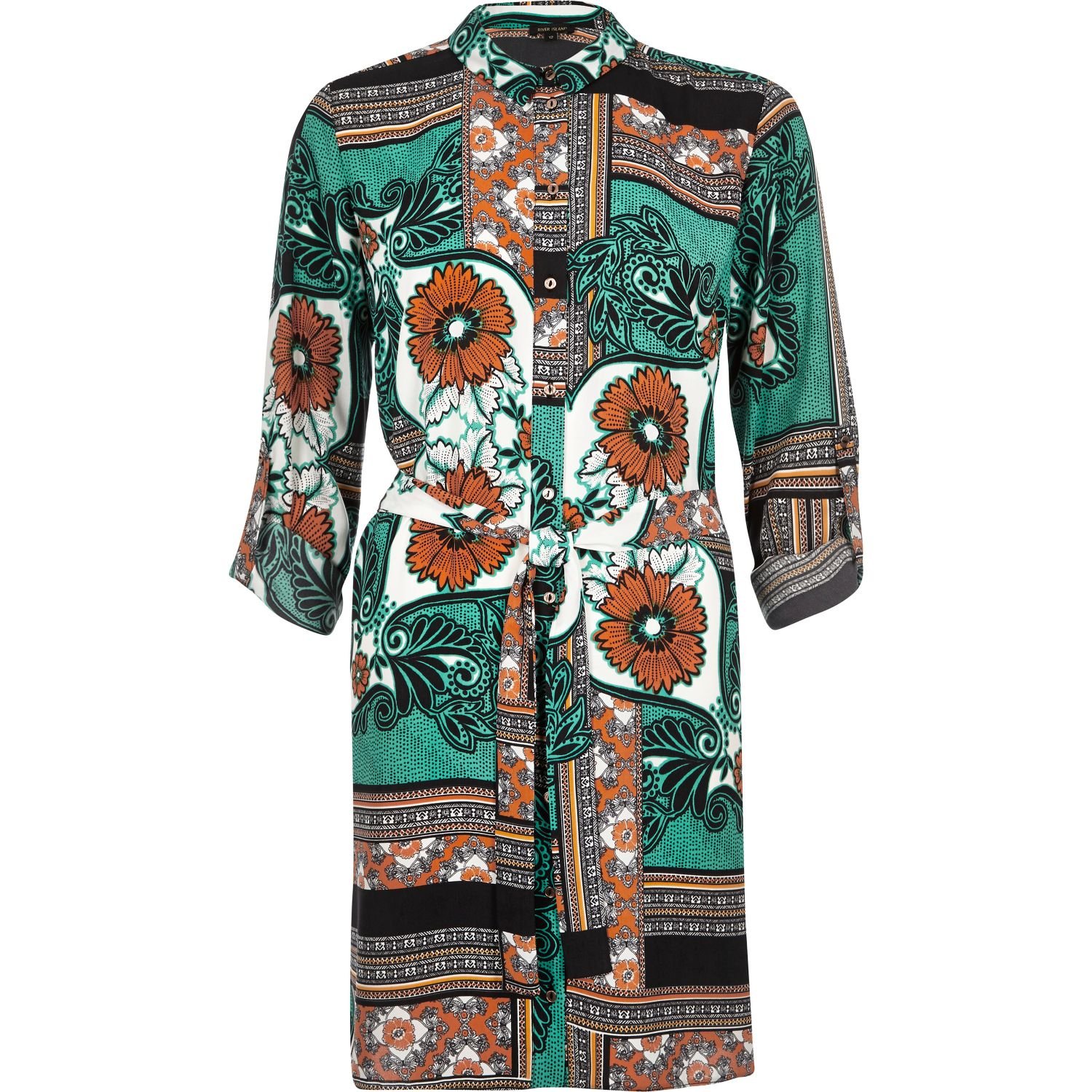 Lyst River  Island  Green Floral Print Shirt  Dress  in Green