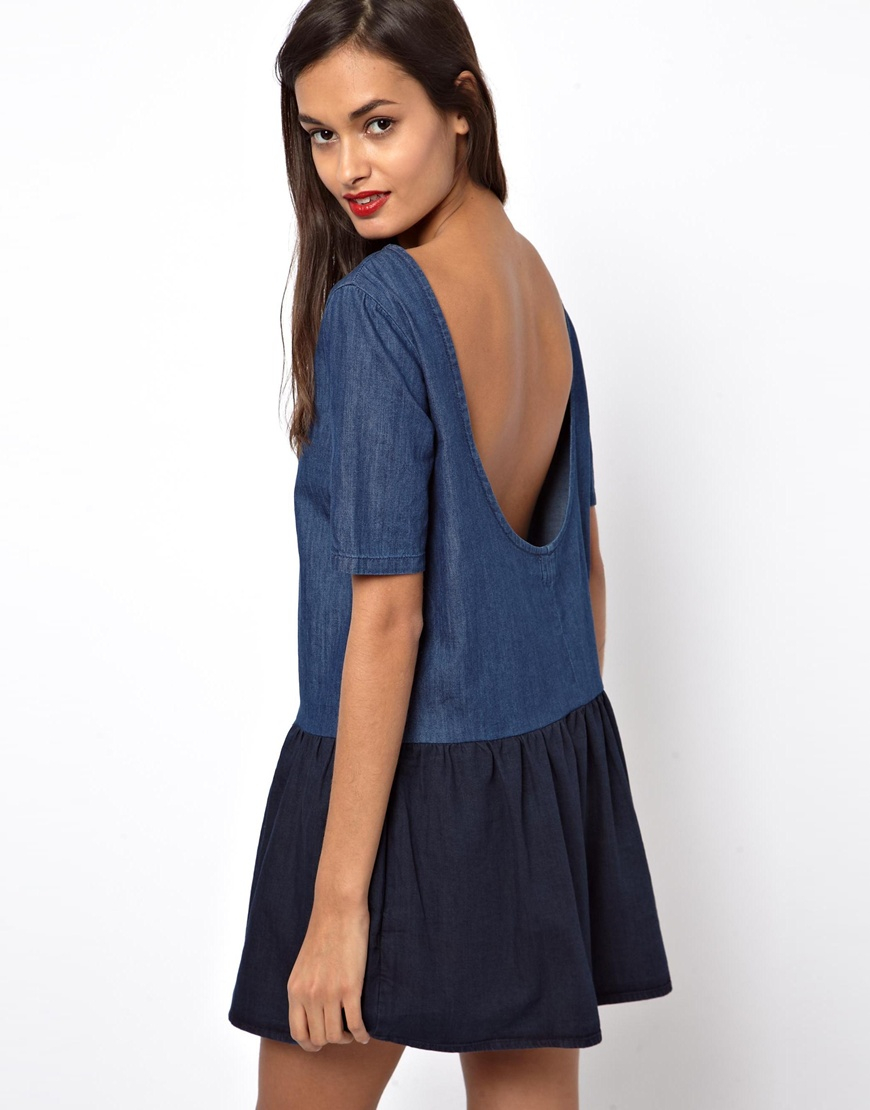 Lyst - Asos Colour Block Denim Low Back Smock Dress in Blue