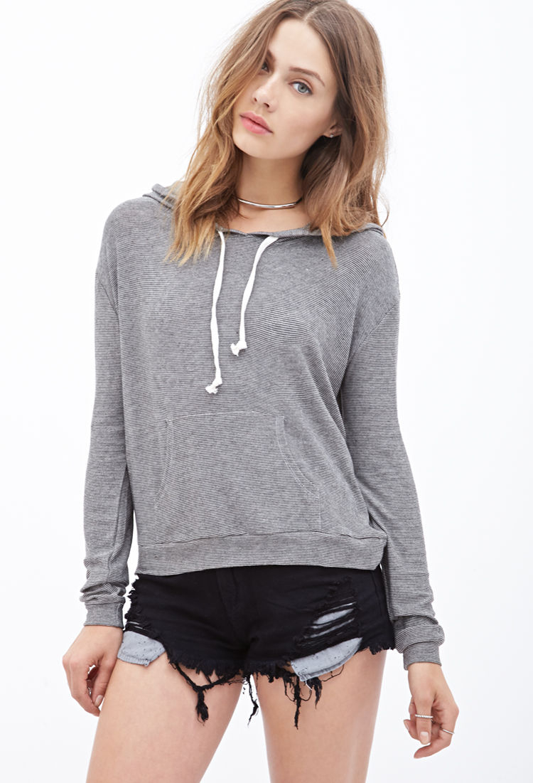 Lyst - Forever 21 Striped Knit Drawstring Hoodie in Gray
