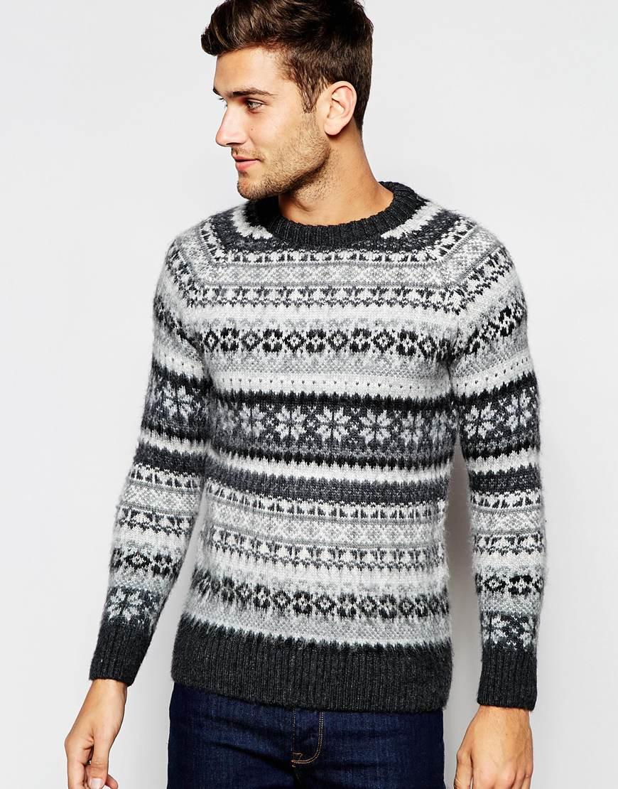 Selected Brushed Fair Isle Knitted Jumper in Gray for Men | Lyst
