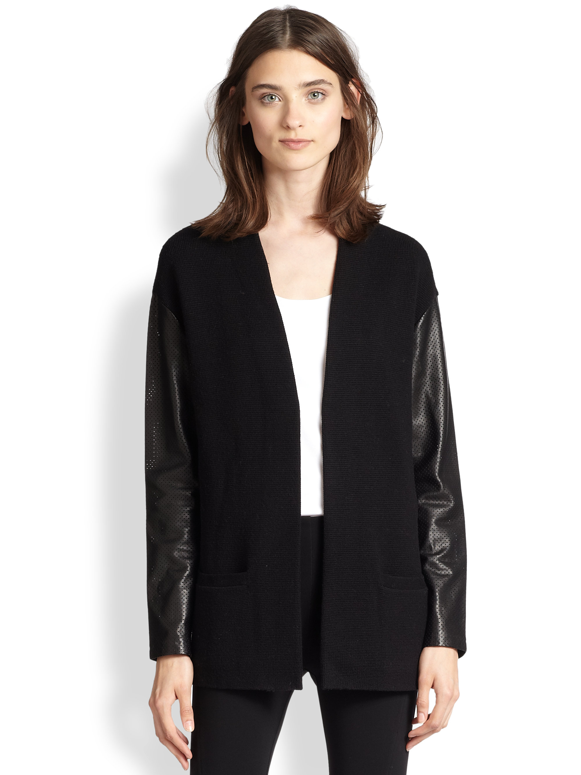  Ralph  lauren  Leather sleeve Wool Cardigan  in Black Lyst