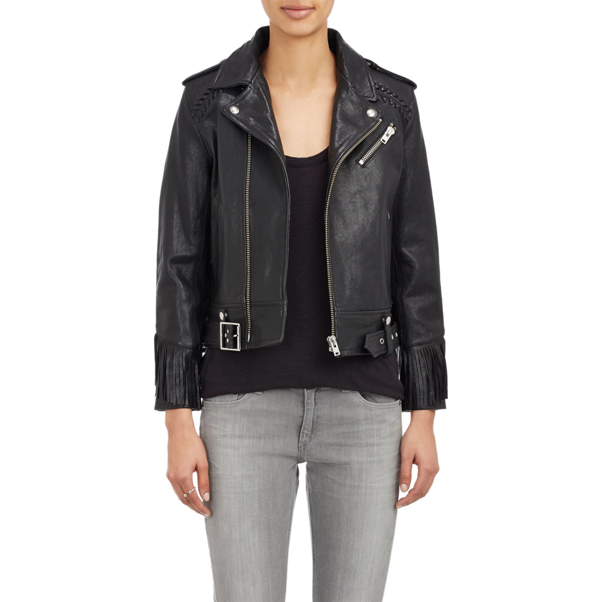 Lyst Iro Zerignola Fringe Leather Moto Jacket In Black Gallery Previously Sold At Barneys New York Women S Fringed Leather Jackets